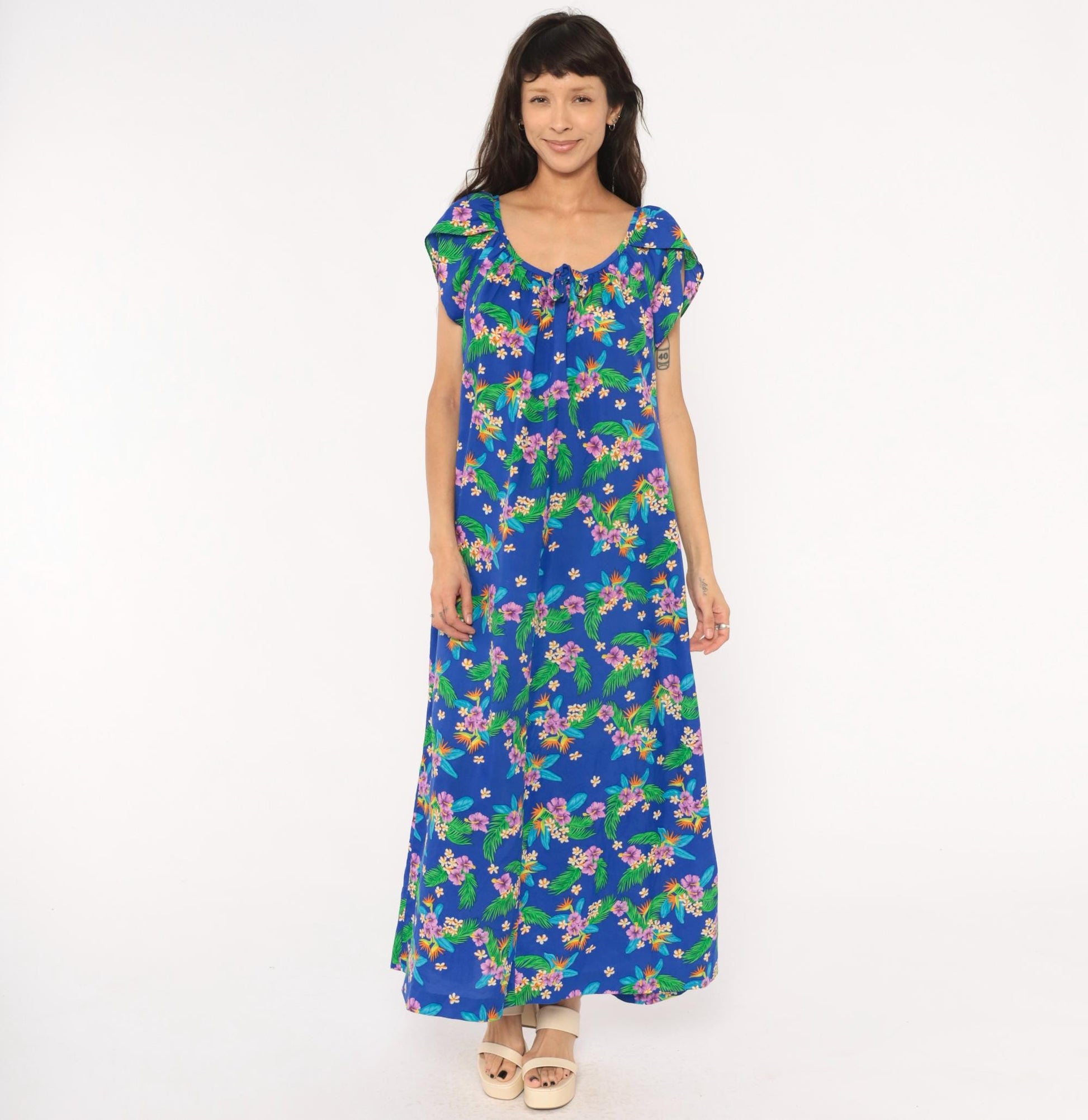 80s Hilo Hatties Hawaiian Maxi Dress Cobalt Blue Floral Palm Leaf Medium