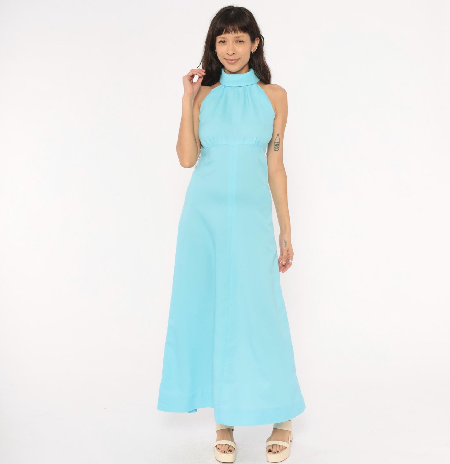 70s Sky Blue Halter Maxi Dress High Neck Sleeveless A-Line Small