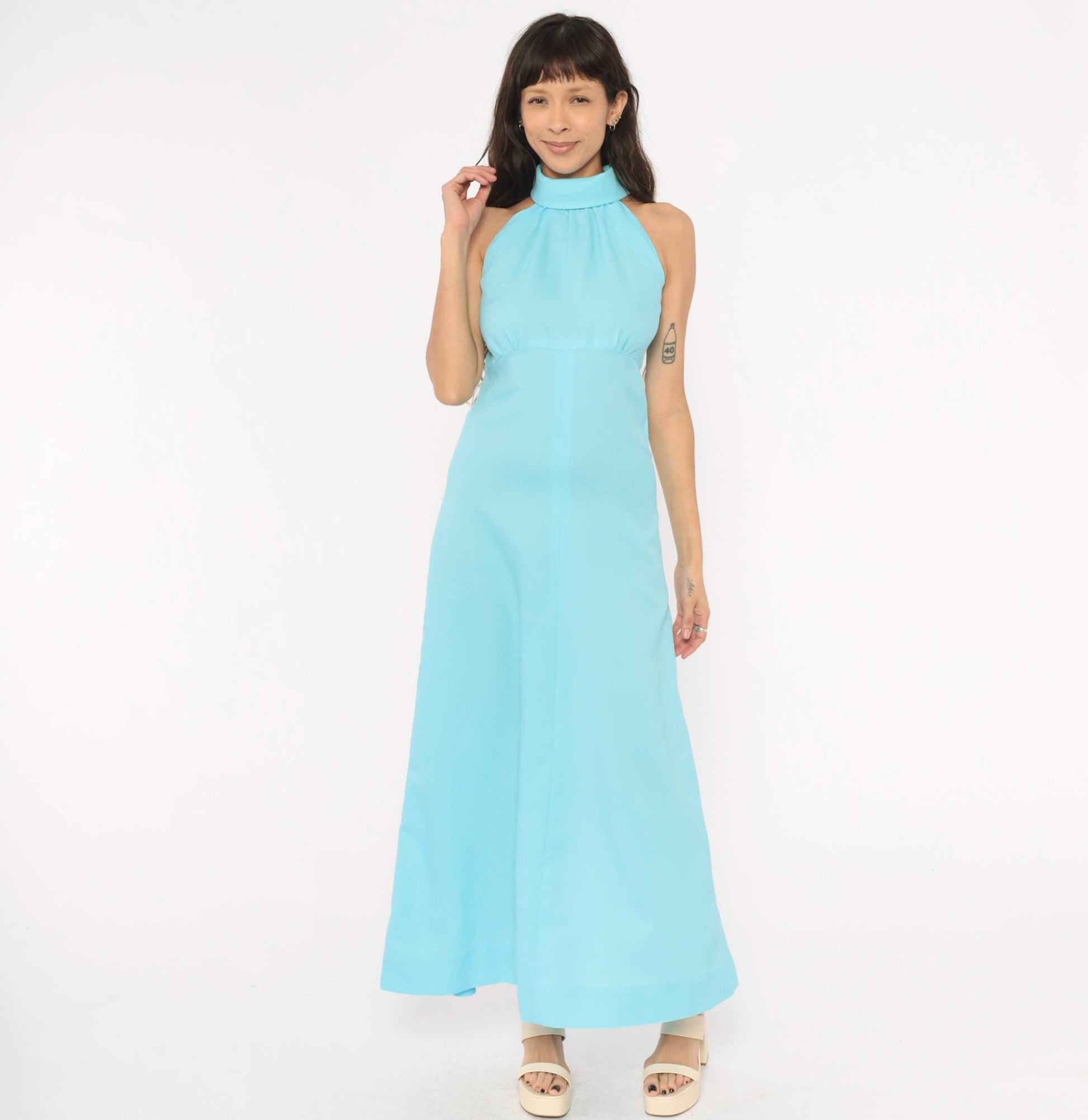 70s Sky Blue Halter Maxi Dress High Neck Sleeveless A-Line Small
