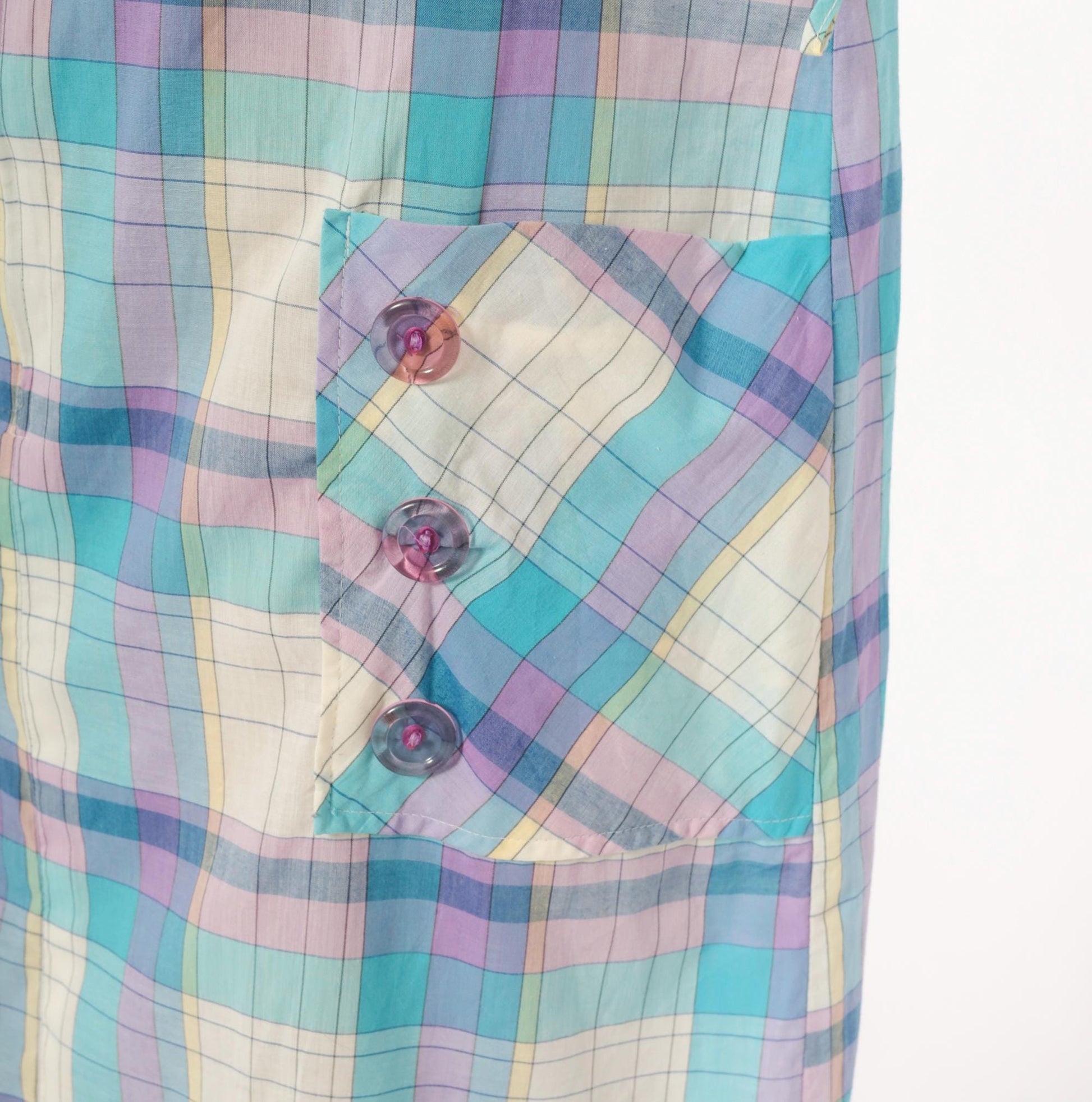 70s Pastel Plaid Zip-Front Housecoat Shift Dress Aqua Purple Knee Length Extra Large