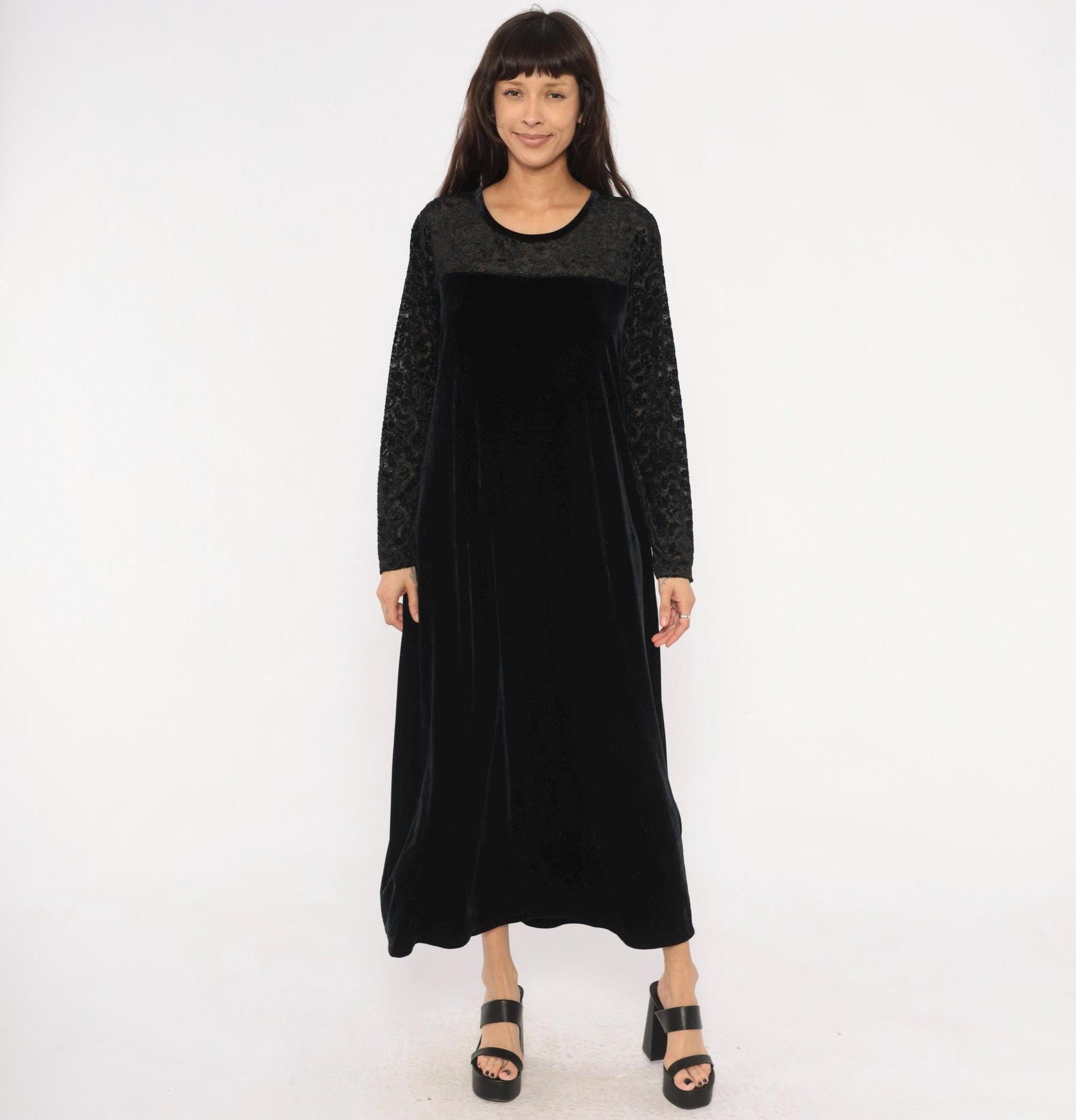 90s Jacqueline Ferrar Black Velvet Maxi Dress Lace Sleeve Gothic Gown Extra Extra Large XXL