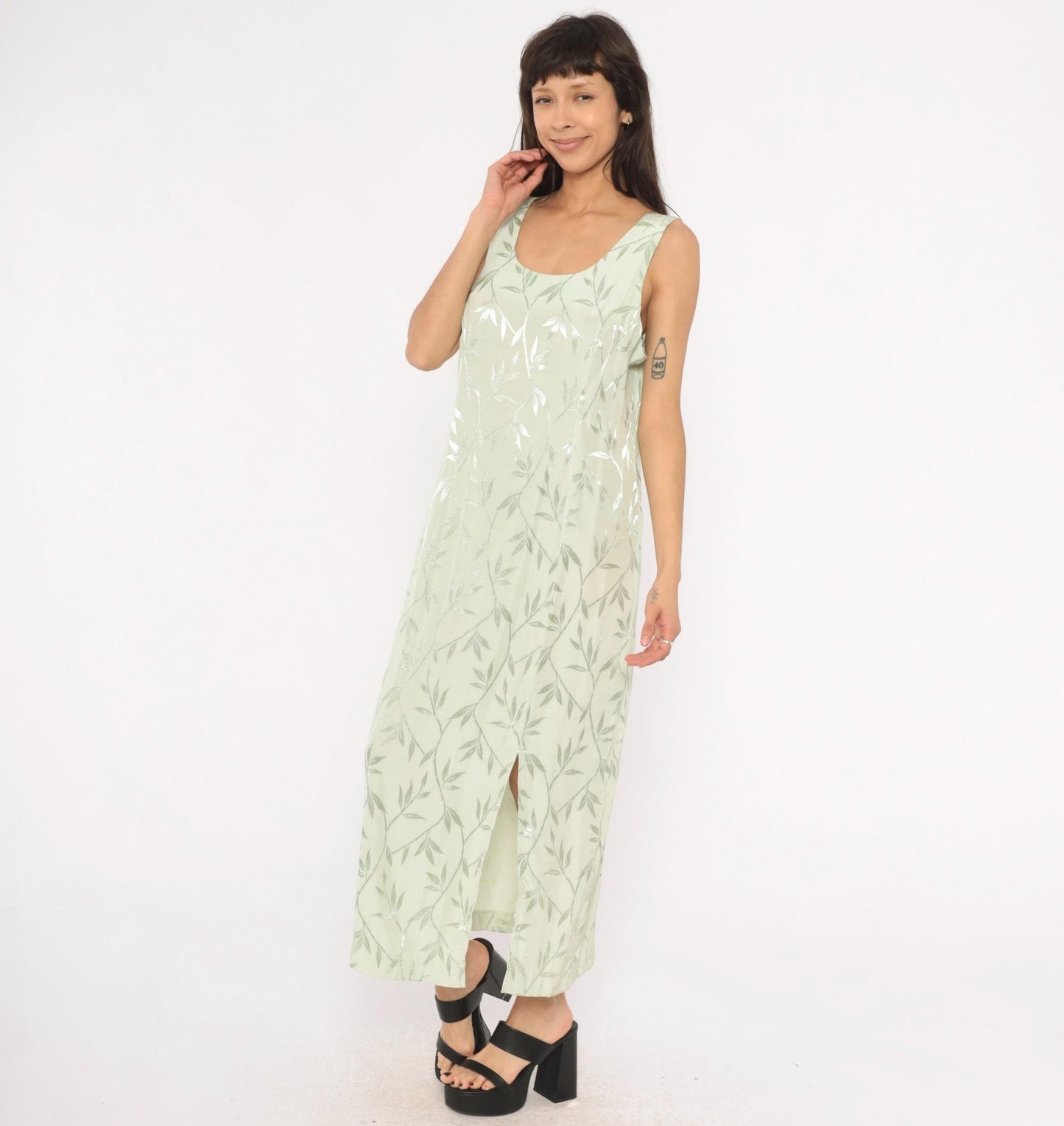 90s Sage Green Leaf Print Maxi Dress Sleeveless Scoop Neck Column Slit Ankle Large L