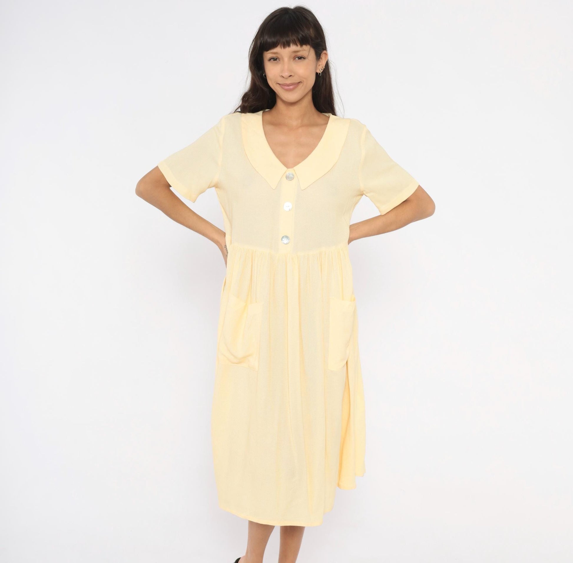 90s Dressing Clio Yellow Gingham Midi Dress Peter Pan Collar Petite Medium