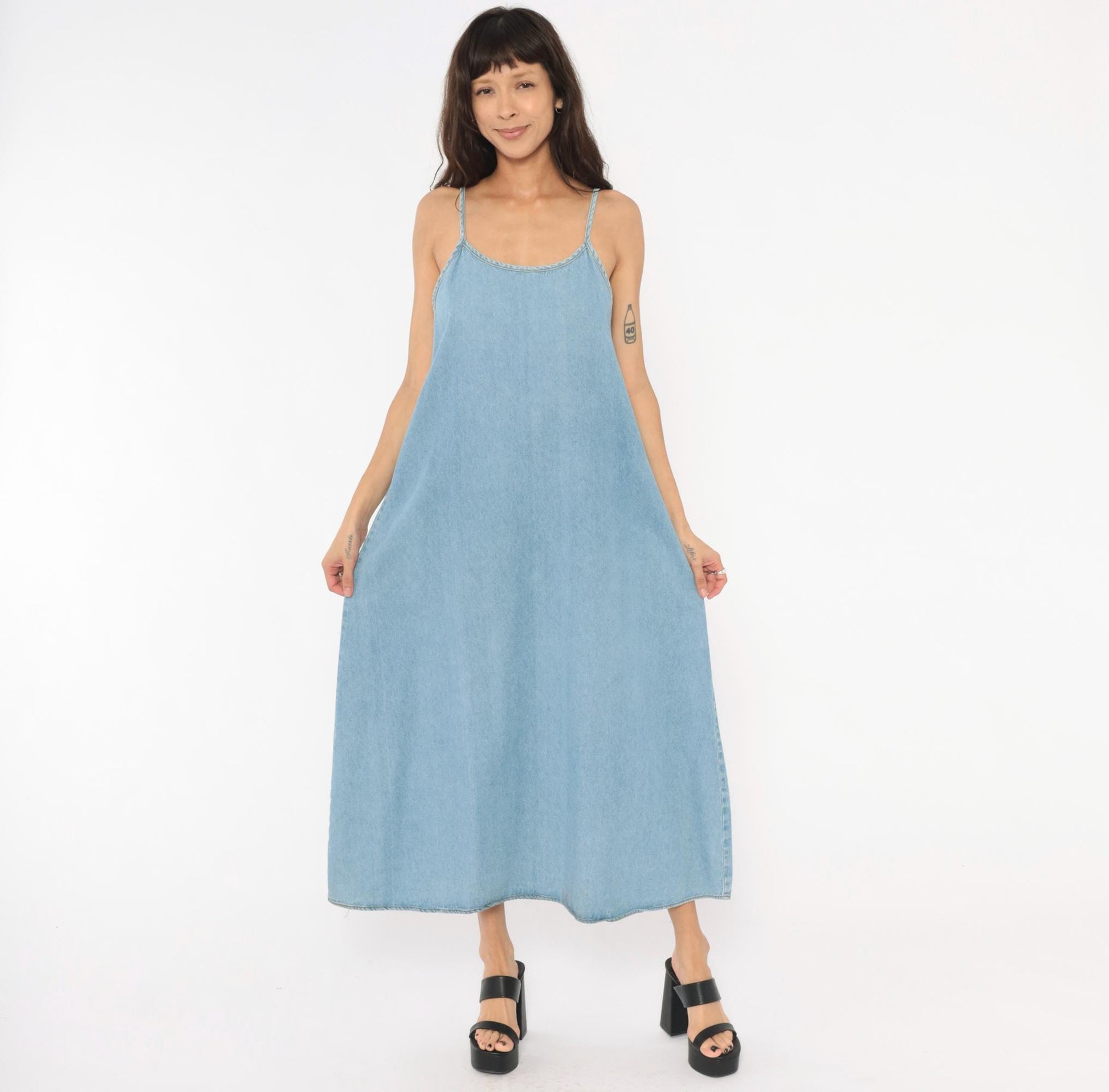 90s Kathie Lee Light Wash Denim Maxi Slip Dress Spaghetti Strap Medium