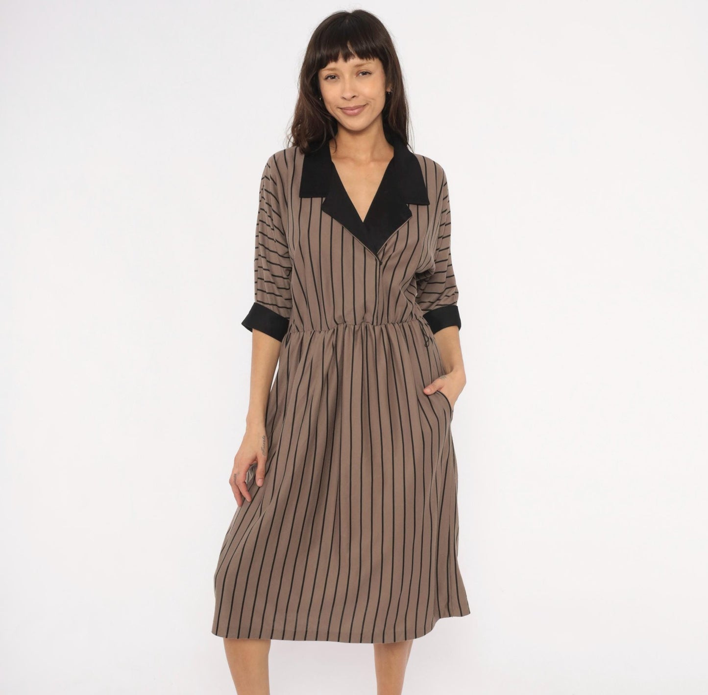 80s Studio Petites Striped Wrap Midi Dress Taupe Black Notched Collar Petite 14P