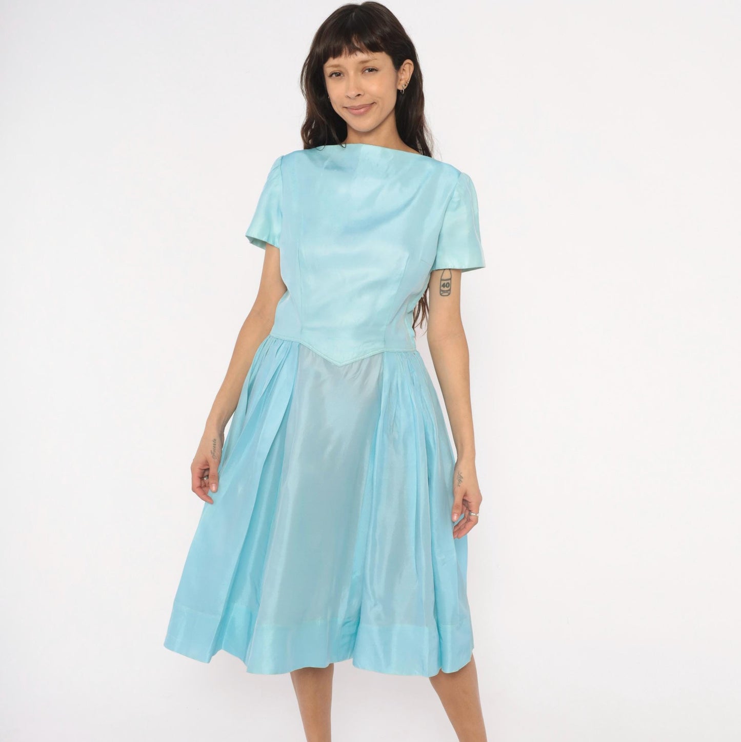 60s Baby Blue Fit-and-Flare Dress Basque Waist Pleated Knee-Length Large L