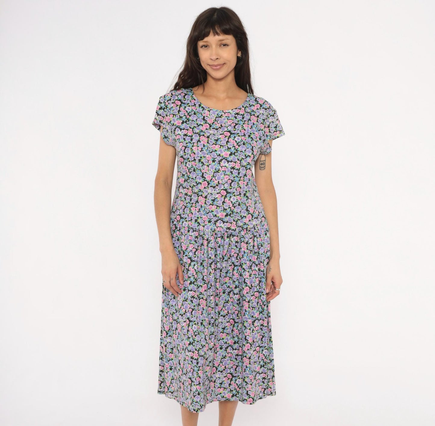 90s Sunshine Starshine Floral Midi Dress Purple Pink Rose Cap Sleeve Large