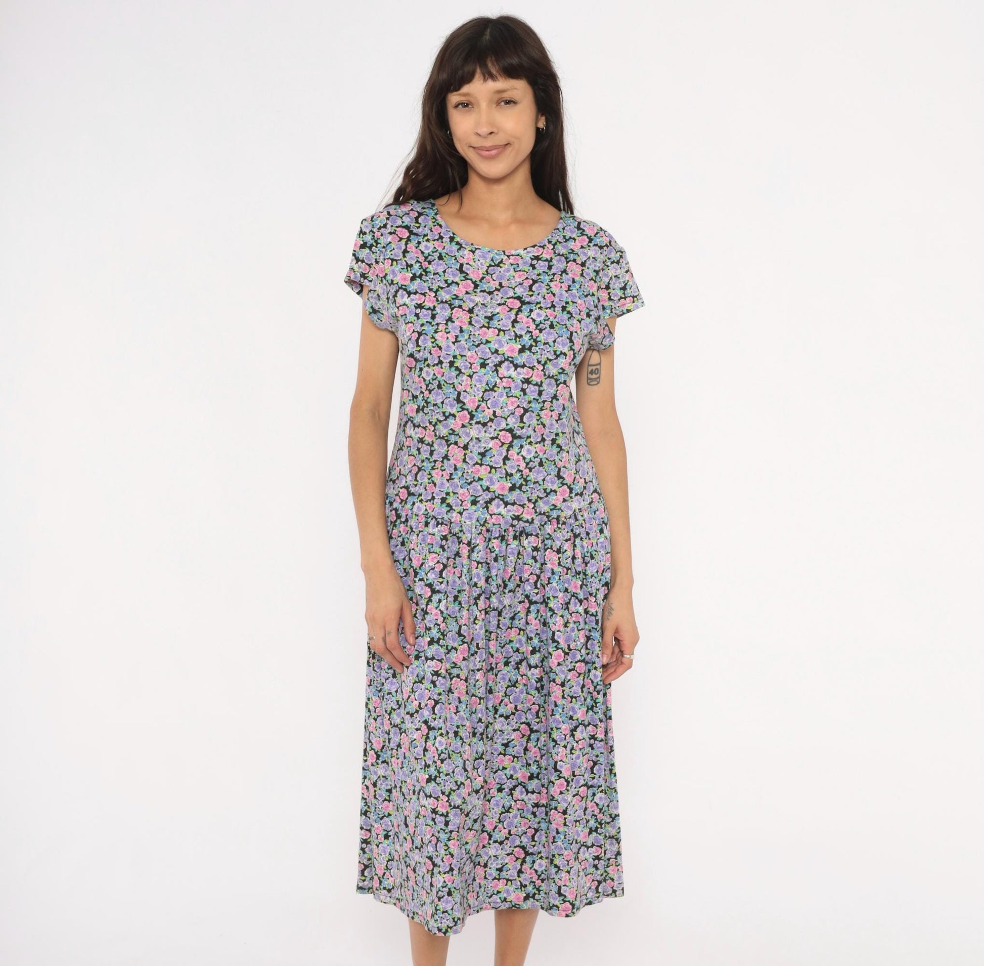 90s Sunshine Starshine Floral Midi Dress Purple Pink Rose Cap Sleeve Large