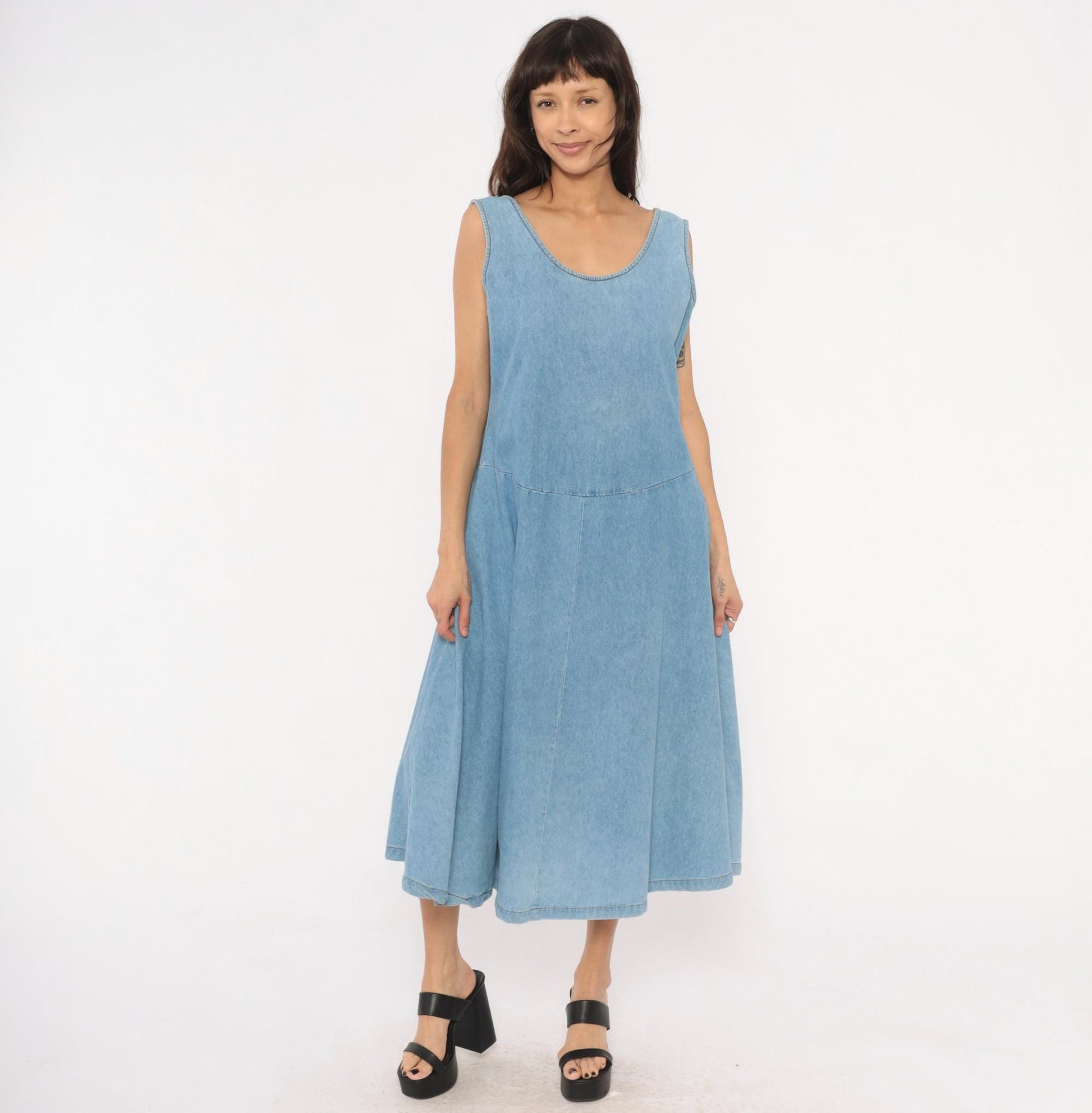 90s Splendid Light Blue Denim Midi Sundress Open Back Medium M
