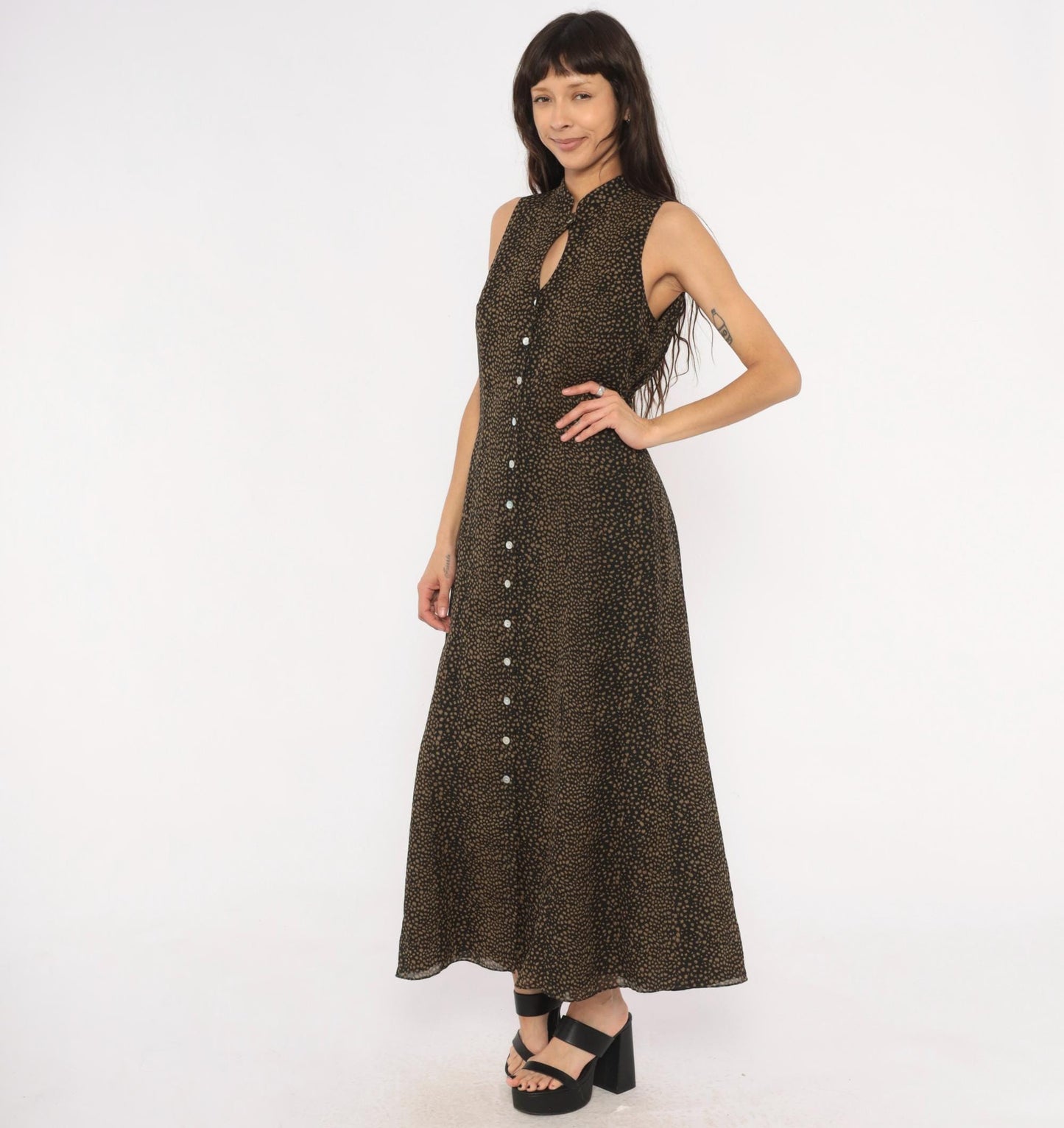 90s David Warren New York Maxi Dress Mandarin Collar Keyhole Black Tan Spotted Large L