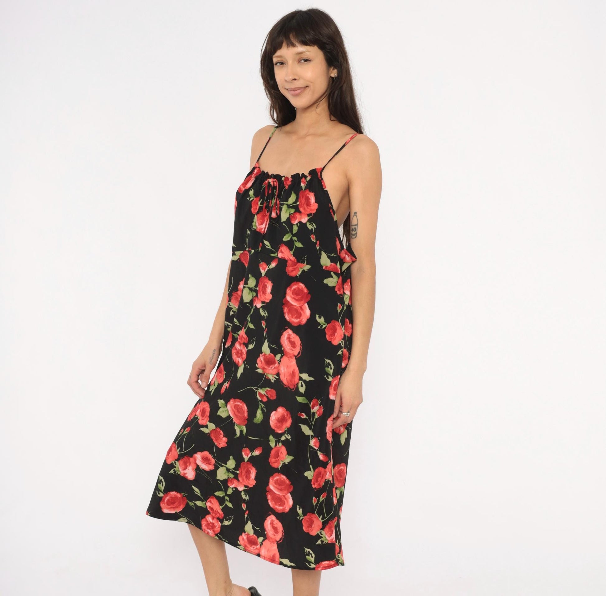 90s Chesley Rose Print Slip Dress Black Midi Spaghetti Strap Open Back Extra Large