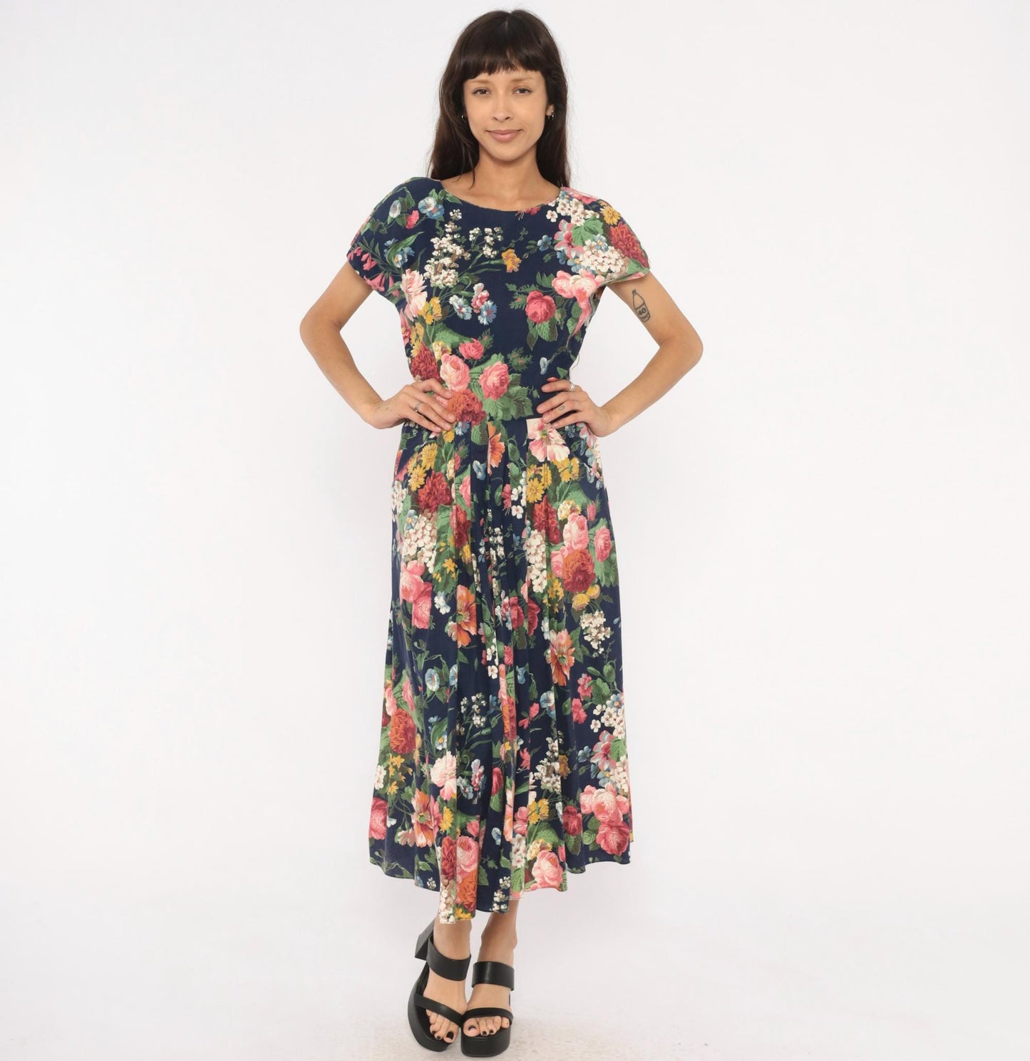 90s E.D. Michaels Floral Midi Dress Navy Cotton Garden Print Scoop Back Small