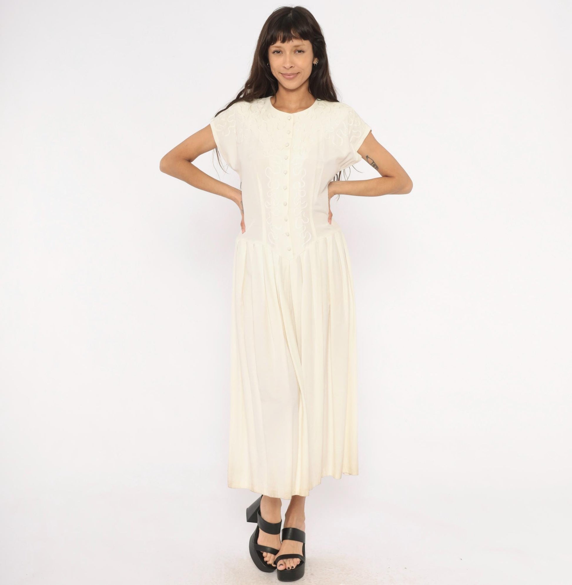 90s Jlt Soutache Embroidered Maxi Dress Cream Button Front Cap Sleeve Medium M