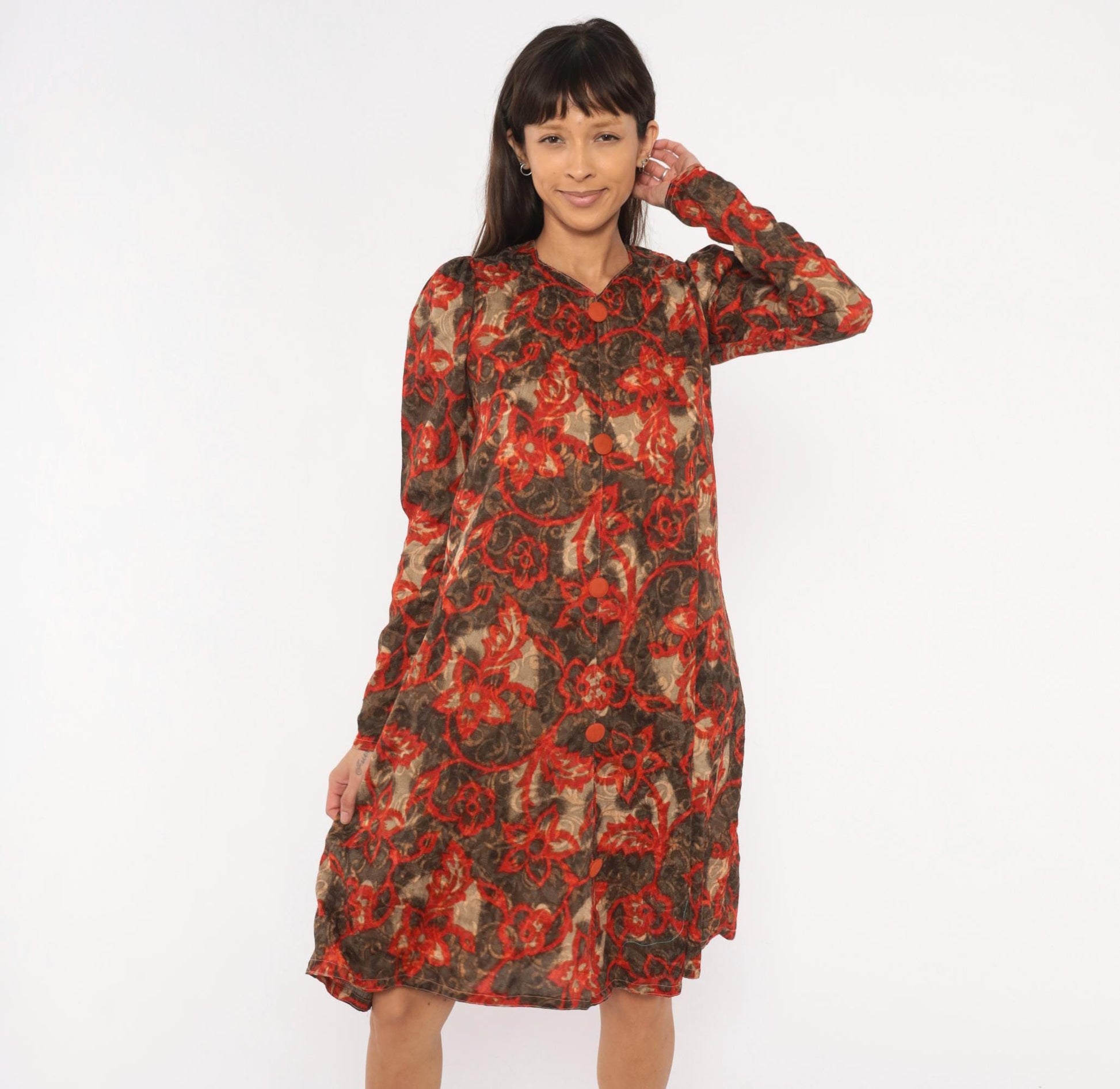 90s Floral Vine Dress Red Brown Scrolling Leaf Print V Neck Puff Shoulder Small S
