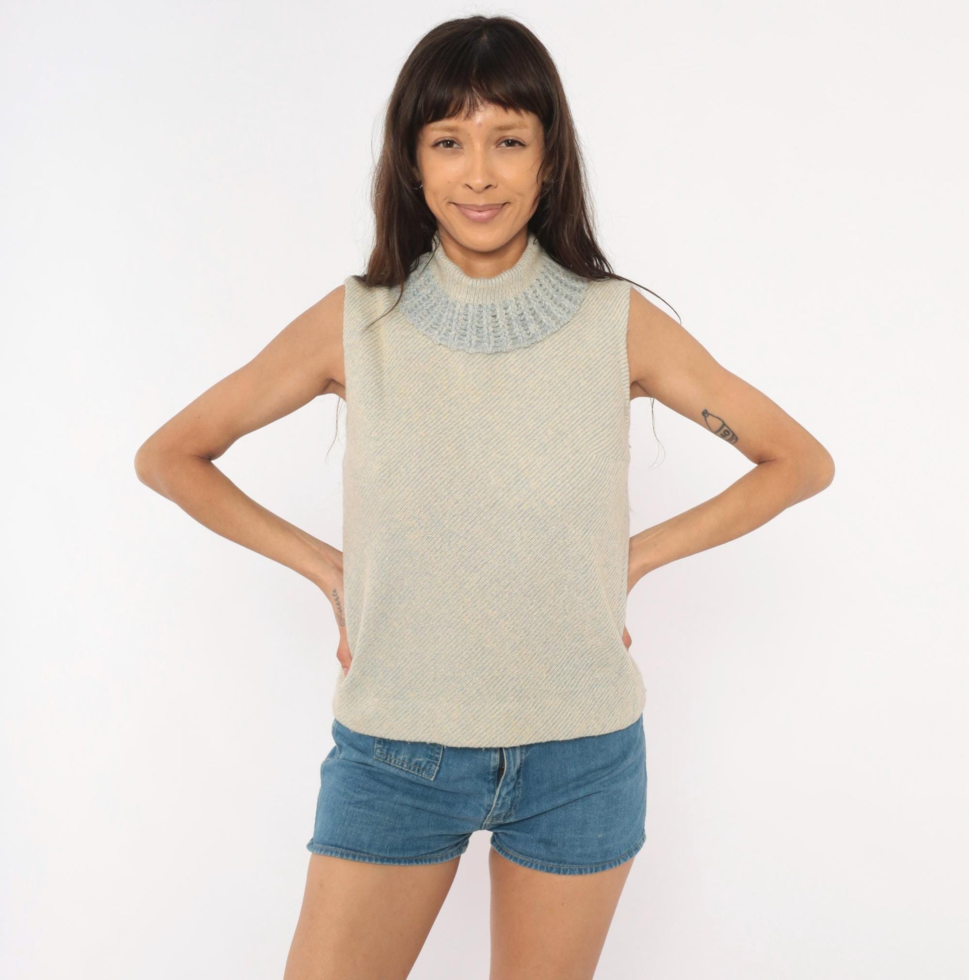 60s Gino Faves Wool Sleeveless Knit Vest Mock Neck Grey Cream Small S