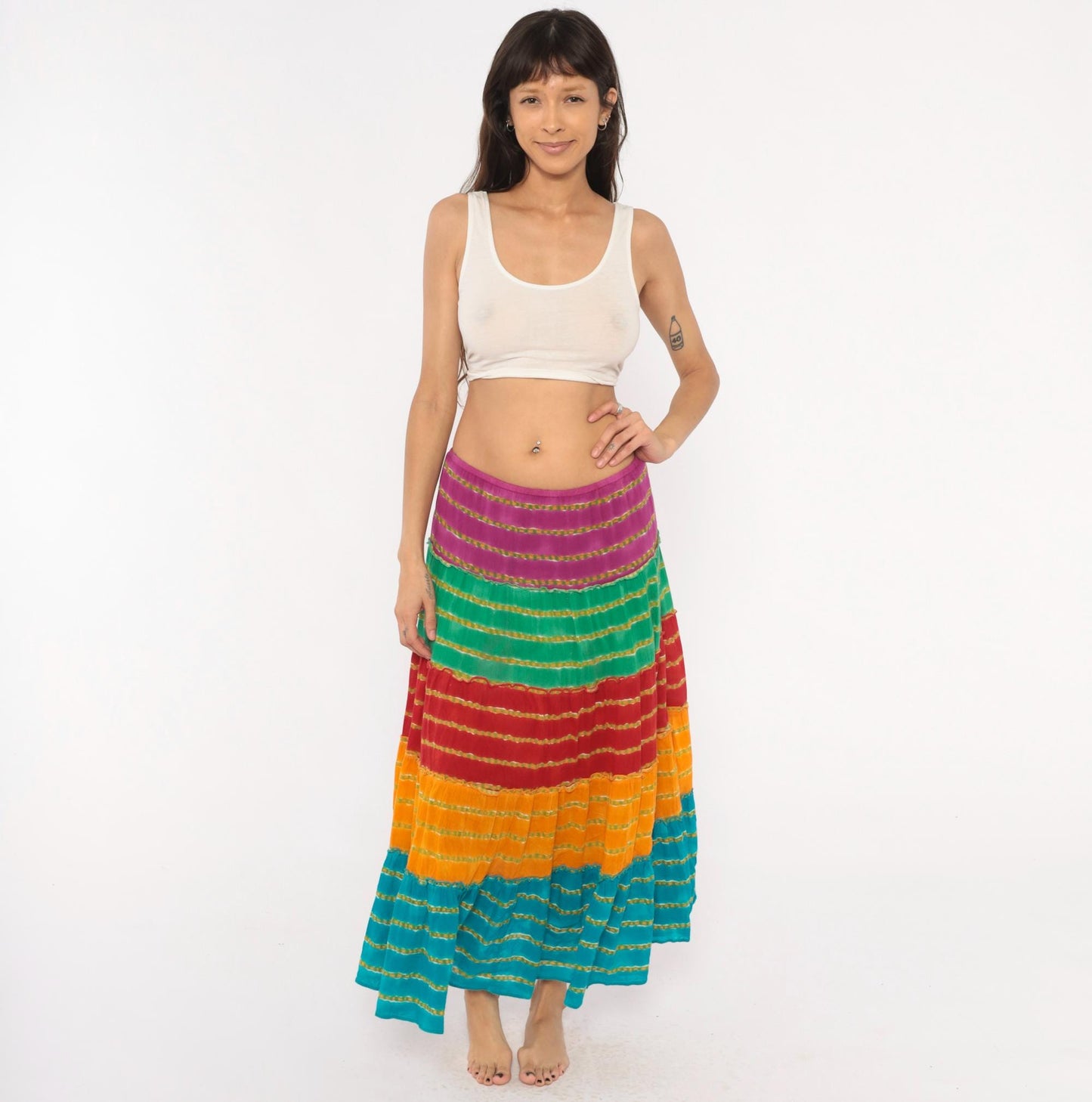 90s Rainbow Broomstick Maxi Skirt Tiered Striped Cotton Crinkled Extra Large XL
