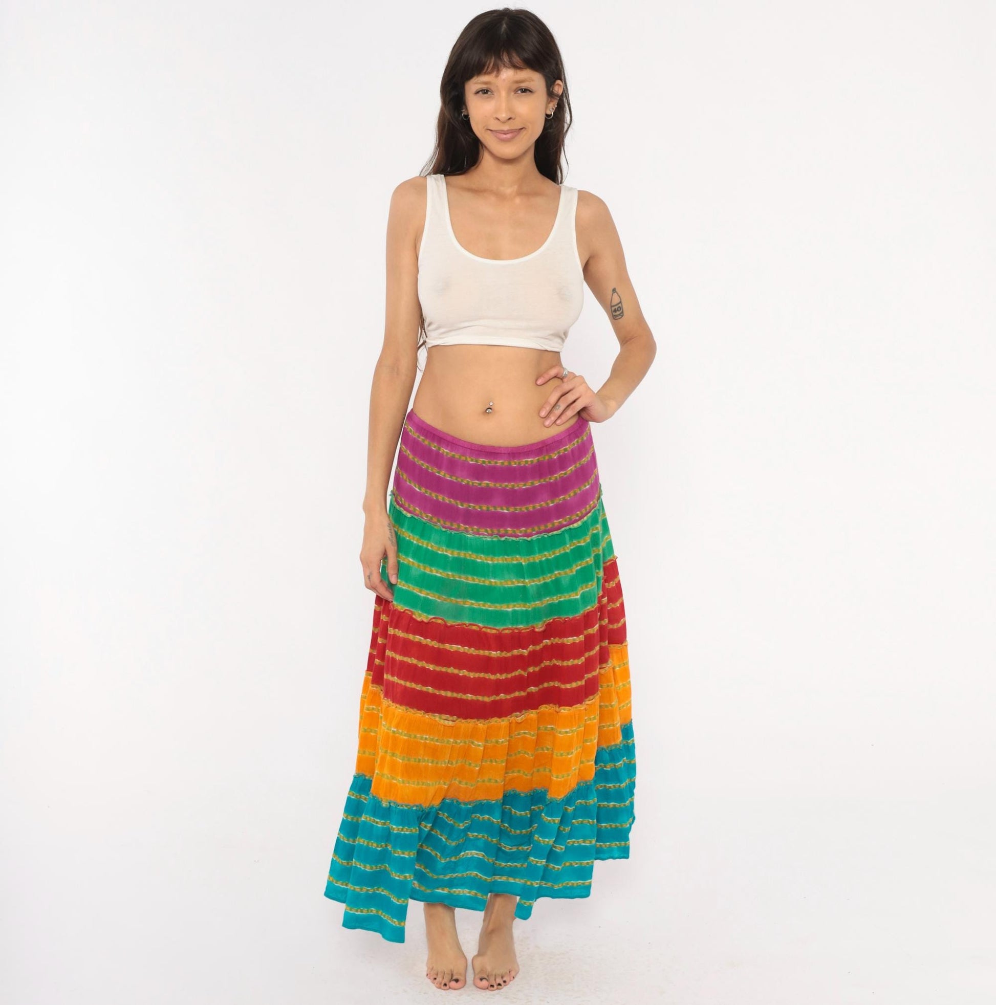 90s Rainbow Broomstick Maxi Skirt Tiered Striped Cotton Crinkled Extra Large XL