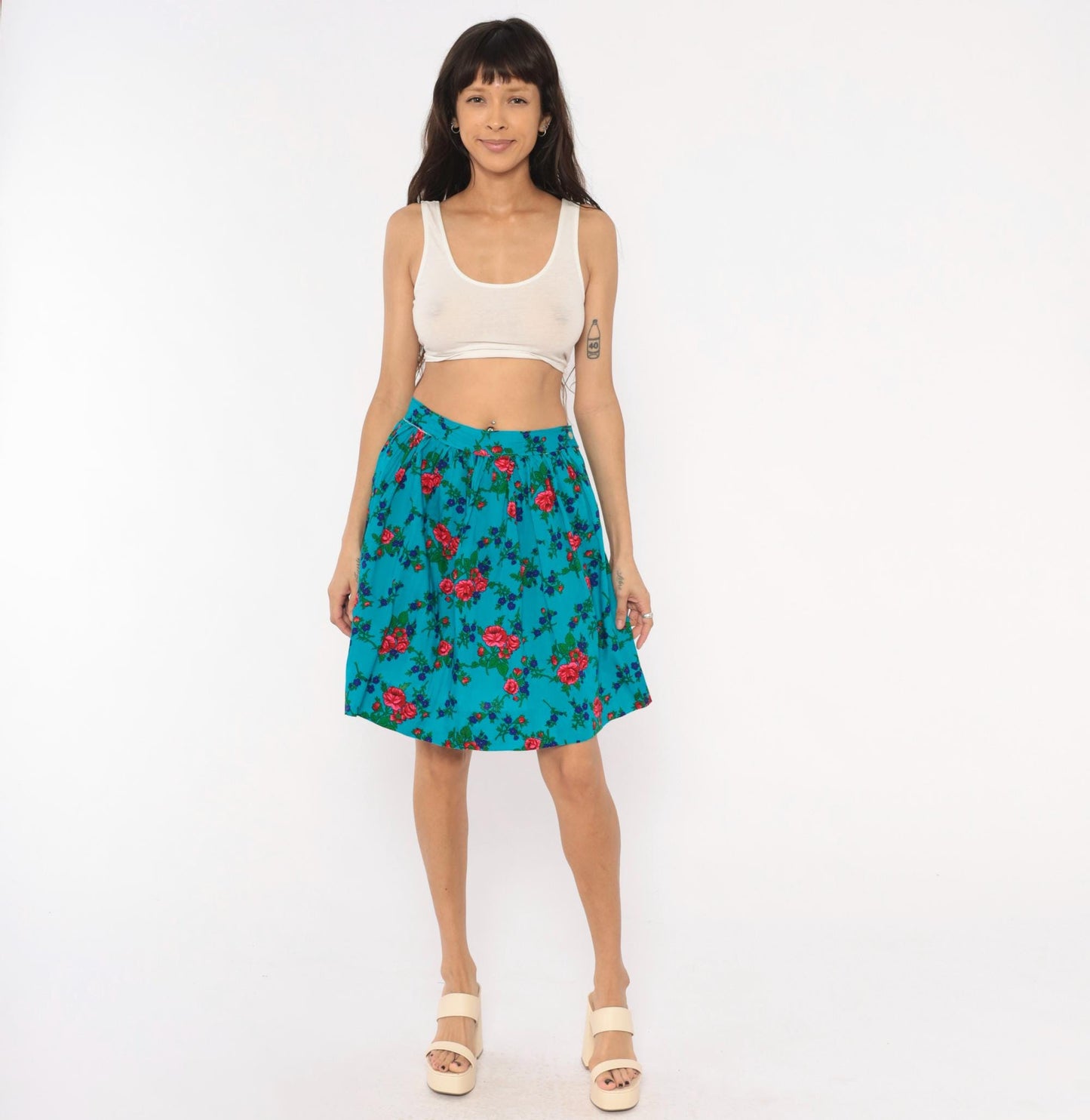 70s Teal Floral Cotton Mini Skirt High-Waisted A-Line Button Back Small S