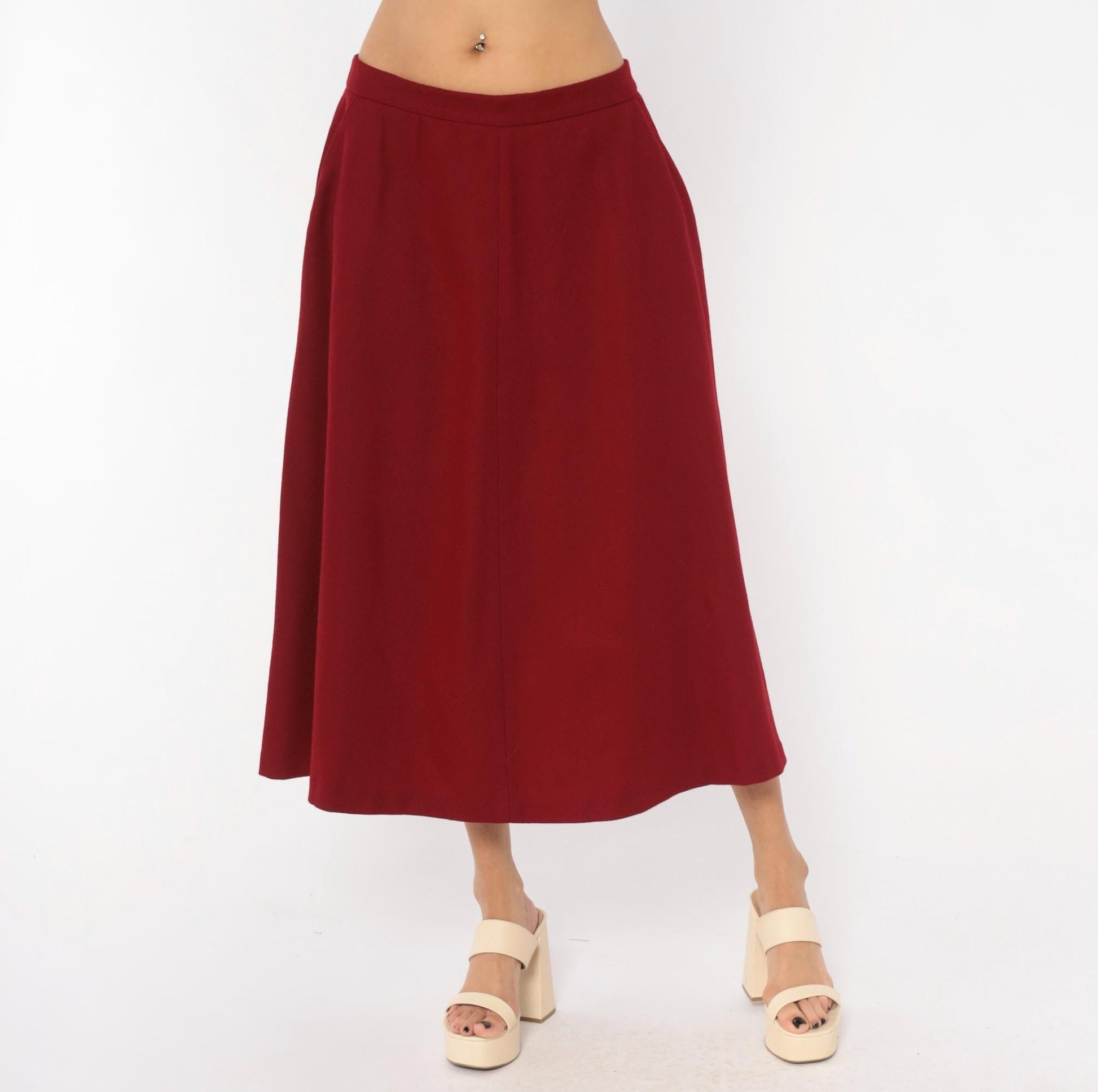 80s Koret Burgundy Wool Midi Skirt A-Line High Waist Large L