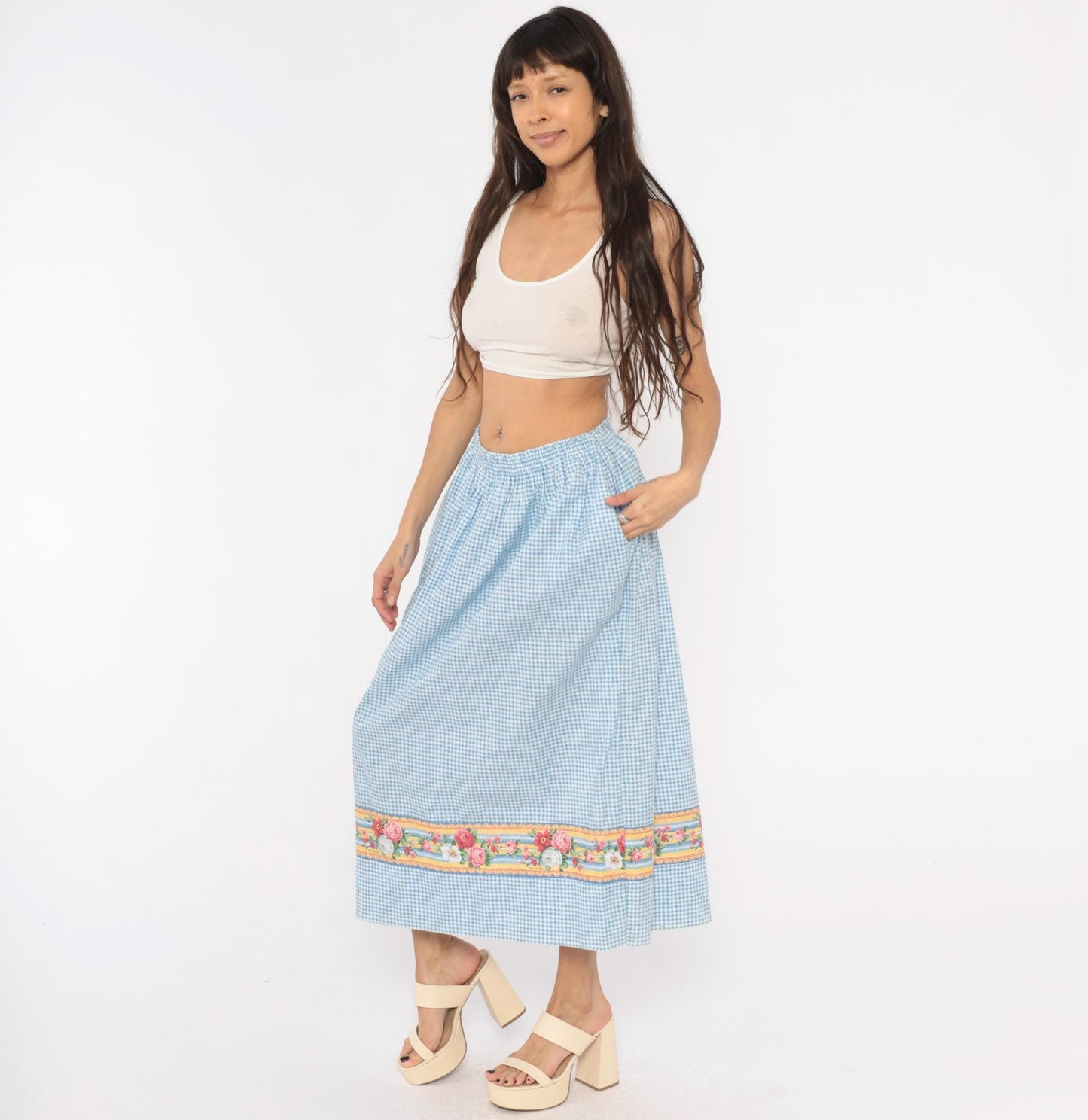 80s Vera Bradley Gingham Cotton Maxi Skirt Blue White Floral Border Small Medium