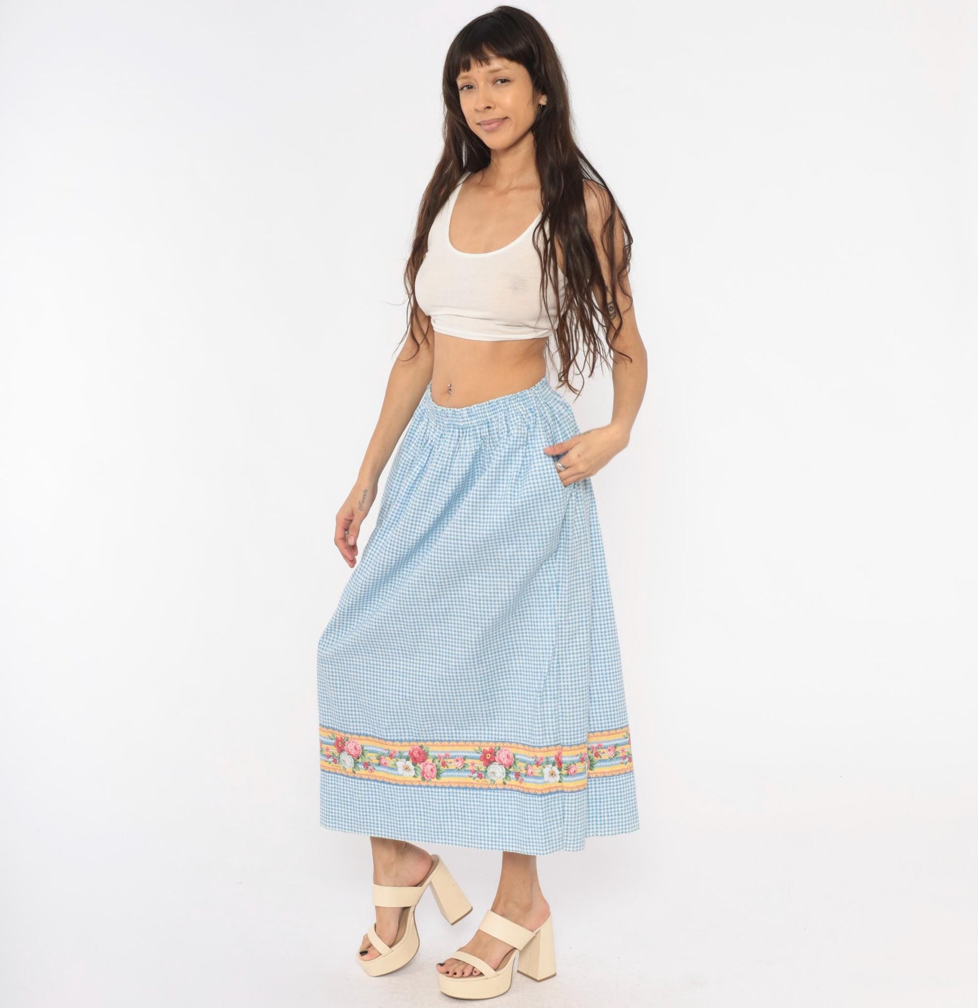 80s Vera Bradley Gingham Cotton Maxi Skirt Blue White Floral Border Small Medium