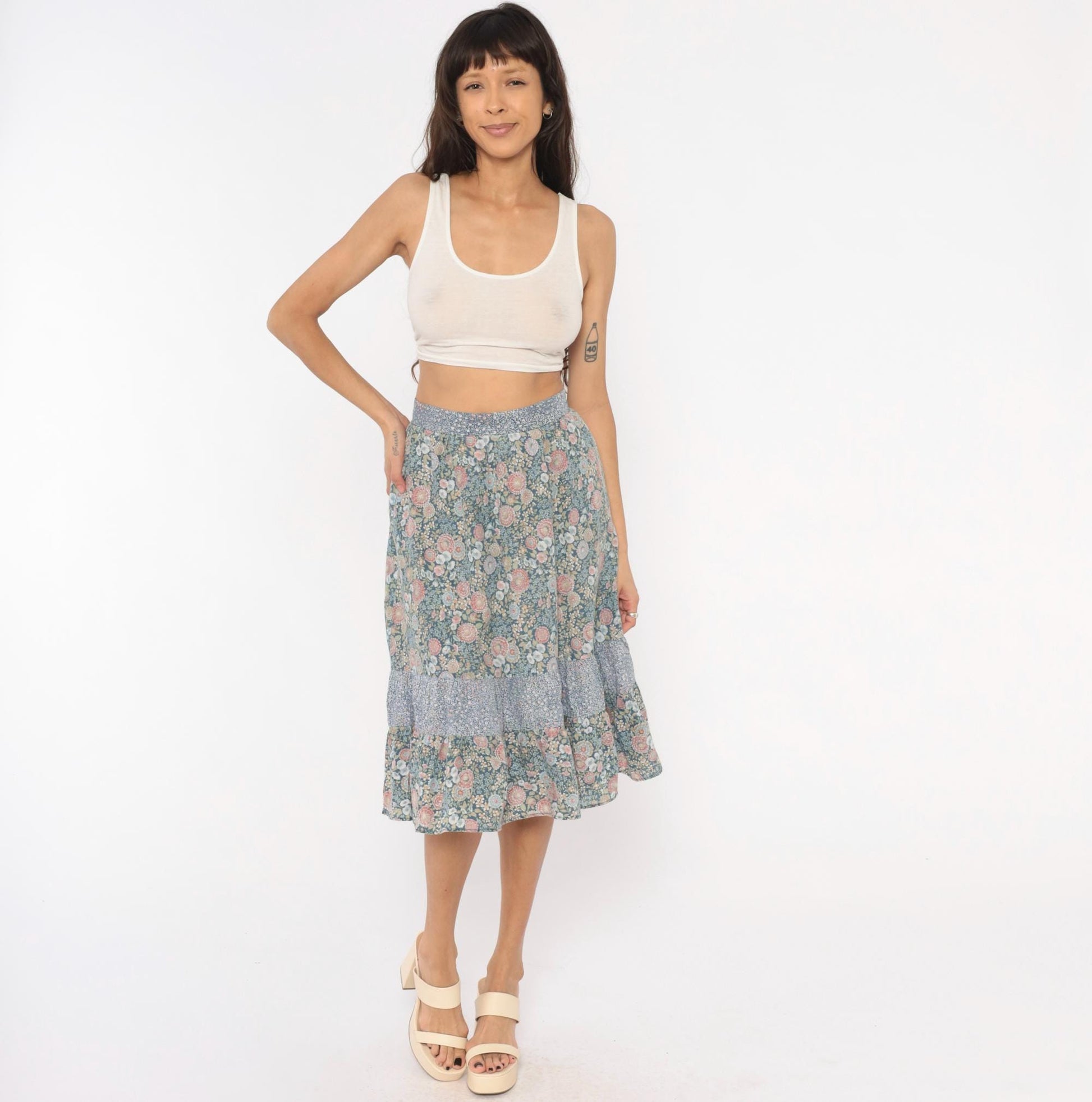 70s Floral Prairie Skirt Cotton Tiered Ruffle Dusty Blue Pink Extra Small XS