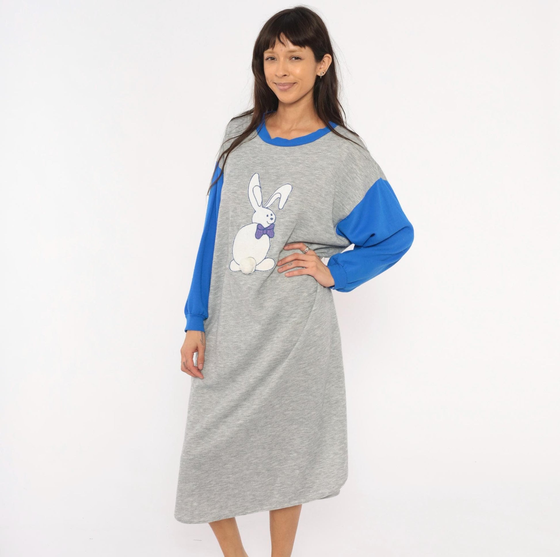 80s Kimberly Laine Bunny Applique Nightgown Grey Blue Colorblock Midi Large L