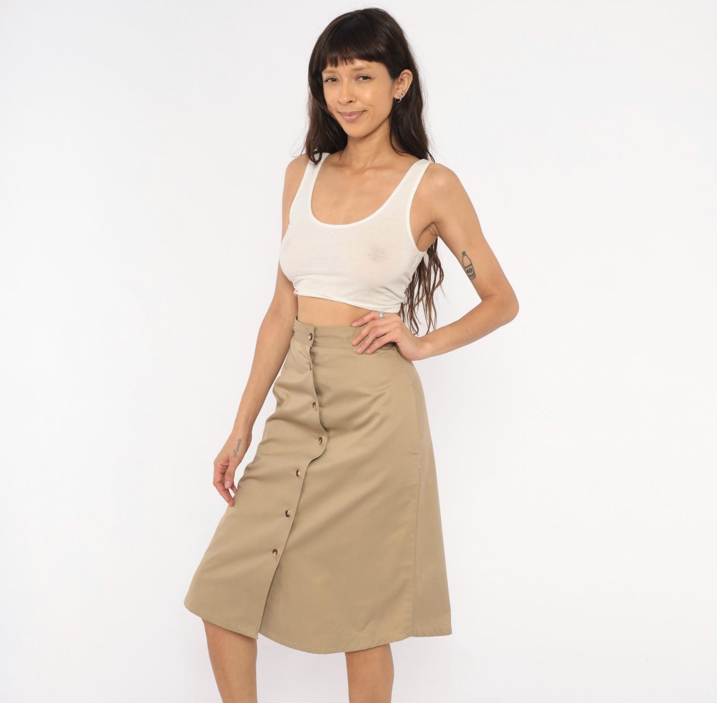 80s Bear It Khaki A-Line Midi Skirt Button Front Cotton Tan Small S