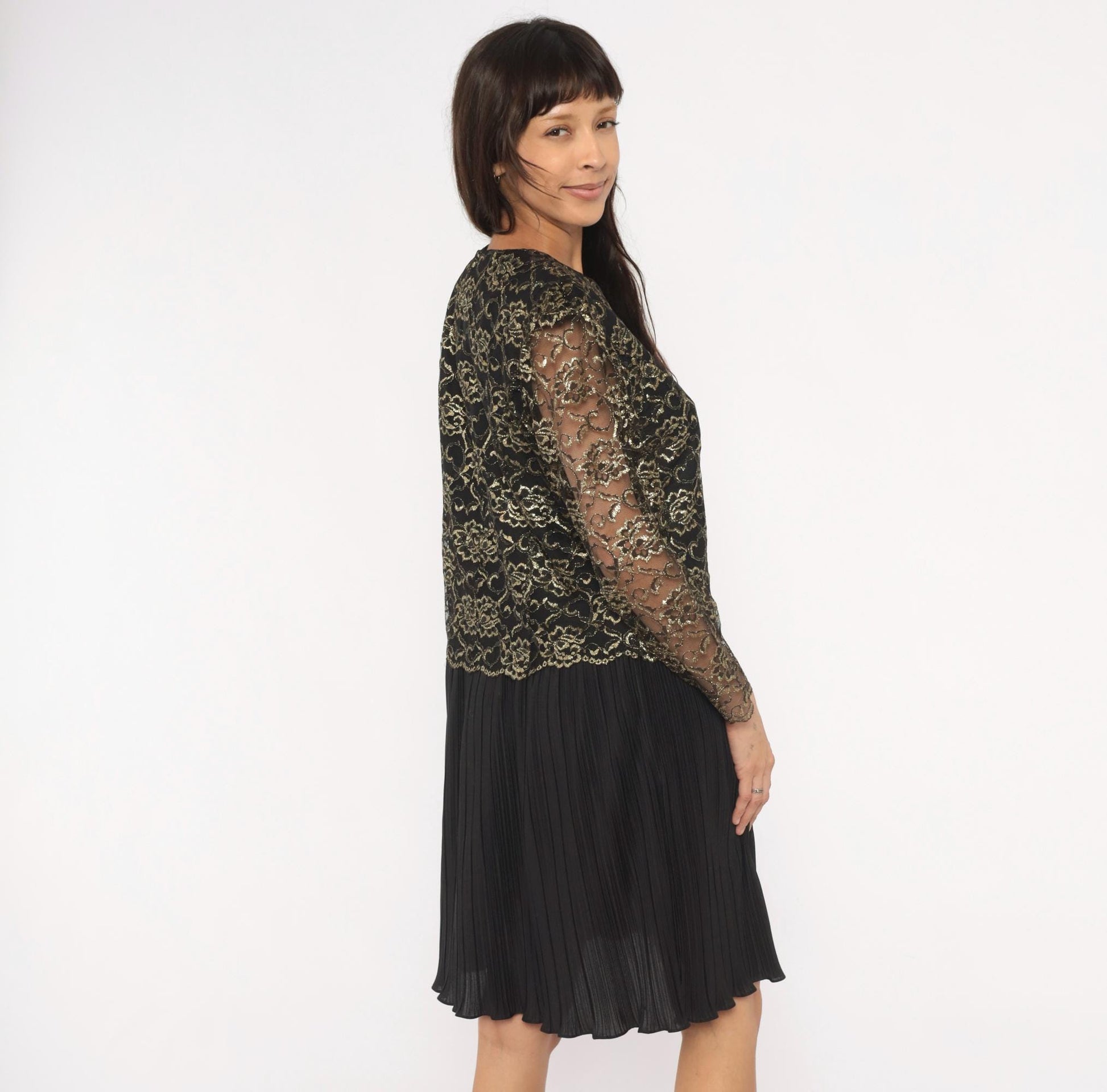 90s Good Times Black Gold Lace Overlay Dress Pleated Skirt Drop Waist Large L