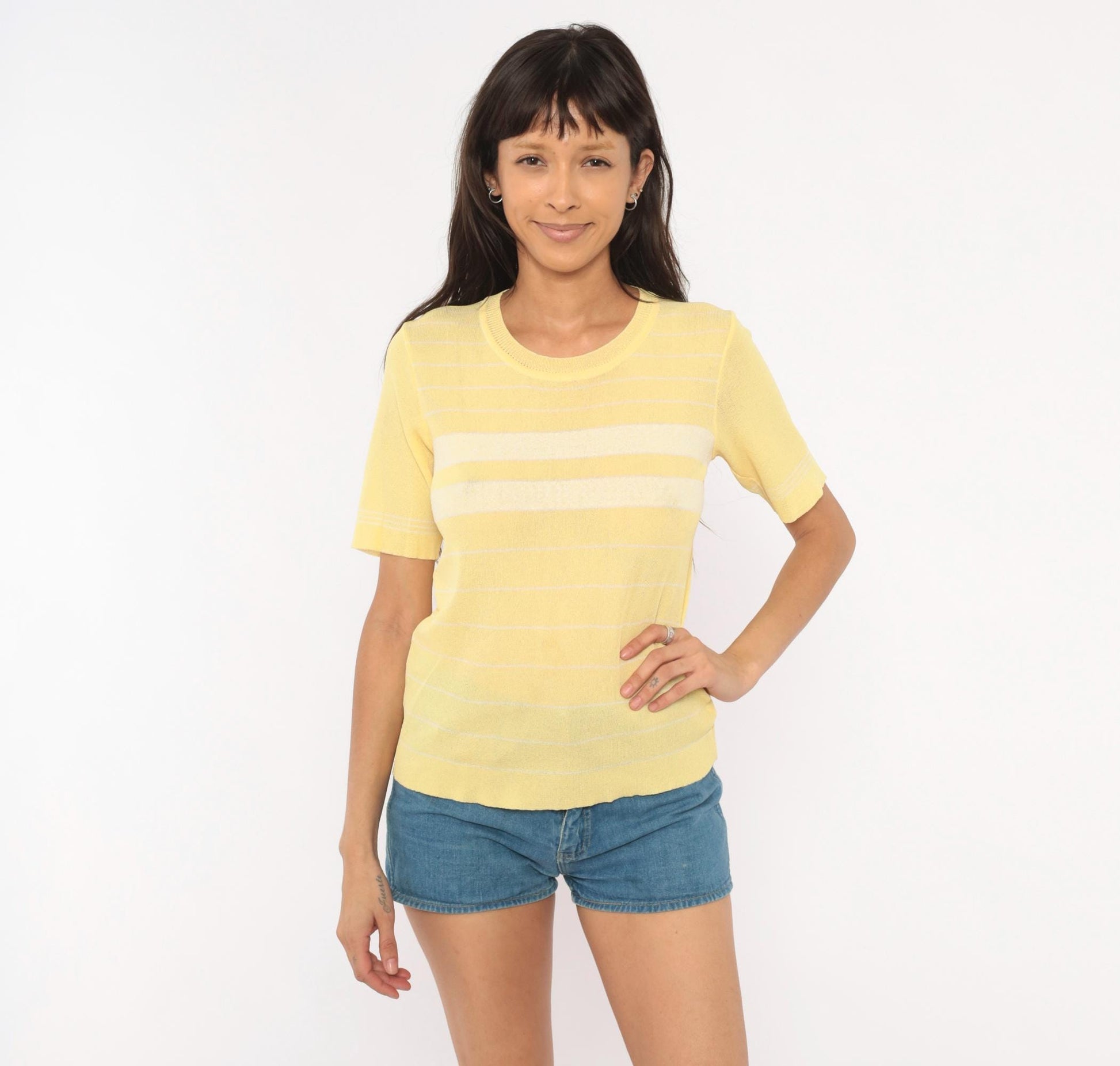 70s Ronfinne Striped Knit Top Yellow White Crew Neck Short Sleeve Small Medium
