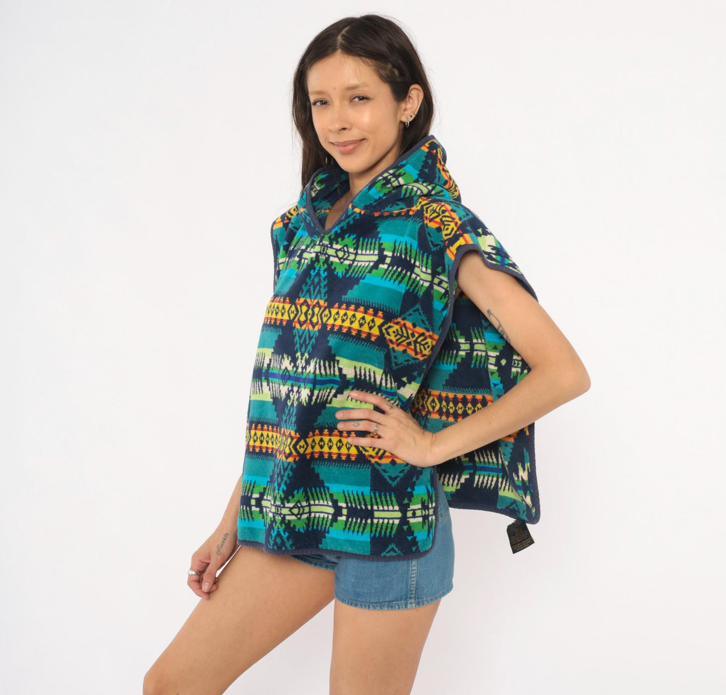 90s Pendleton Hooded Poncho Southwestern Geometric Print Cotton Small Medium