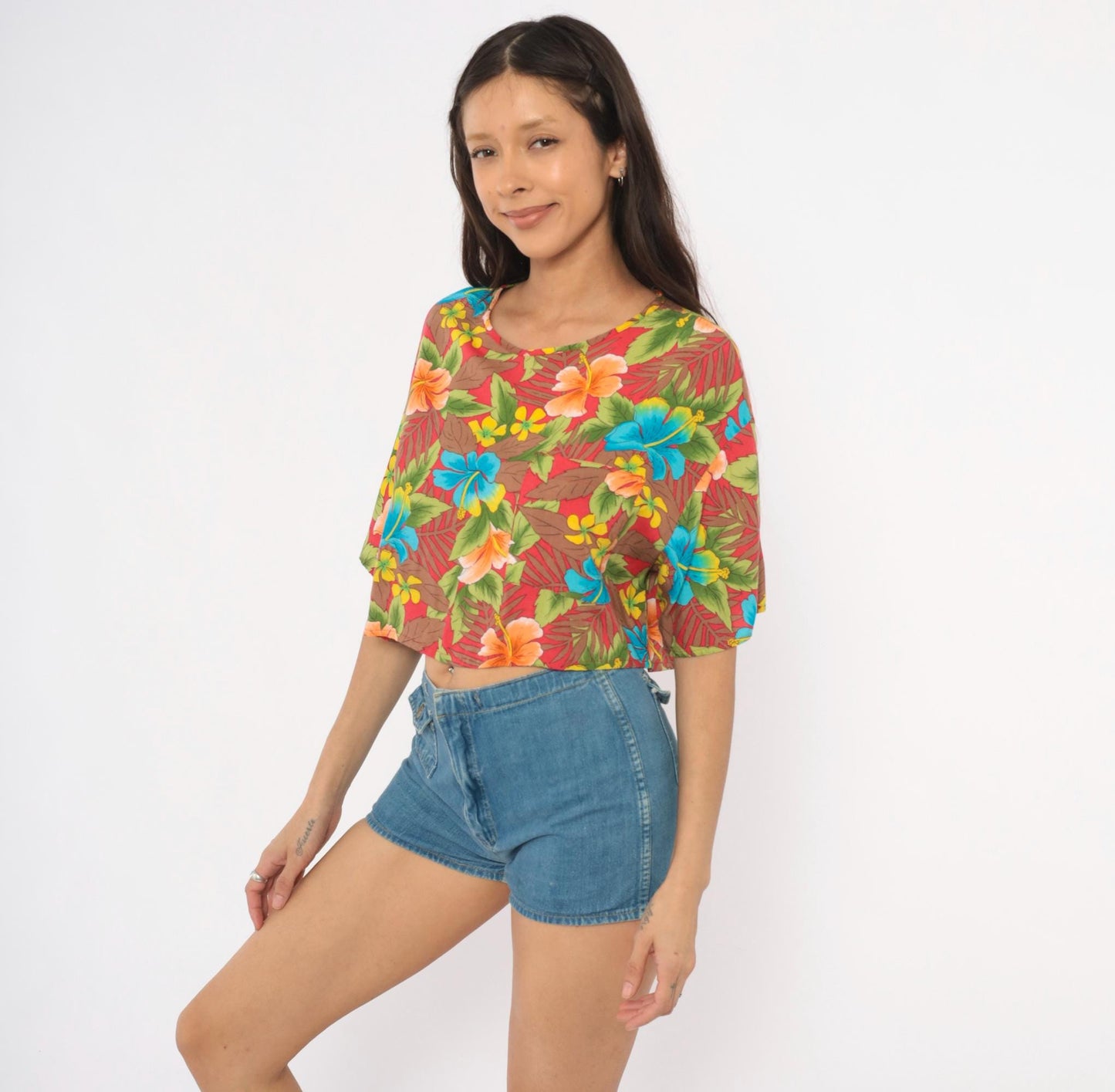 90s California Krush Tropical Hibiscus Crop Top Red Blue Green Medium M