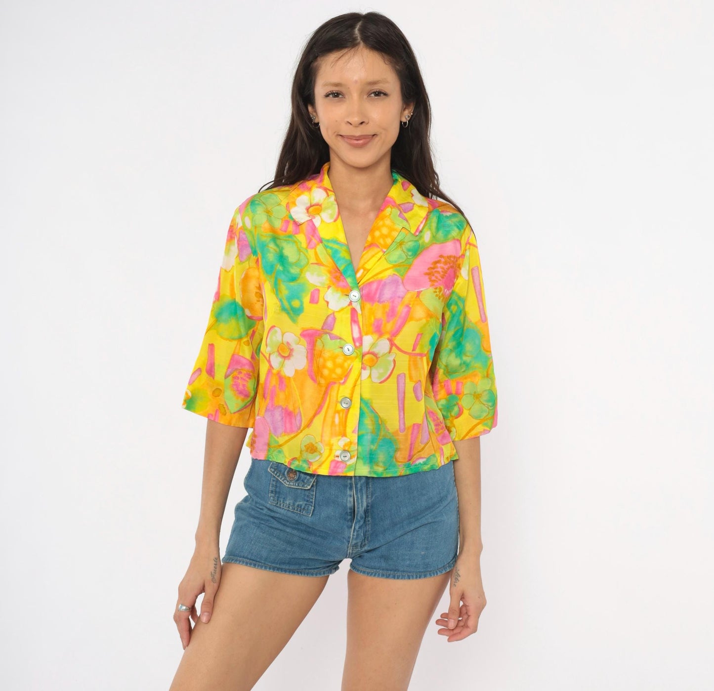 70s Alice Watercolor Floral Button Blouse Yellow Pink Green Small Medium