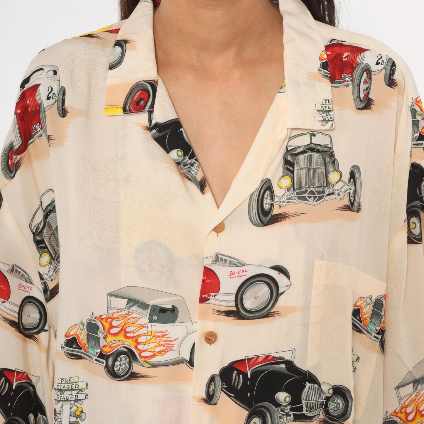 2000s Paradise Found Hot Rod Hawaiian Shirt Cream Flame Print Plus Size XXL
