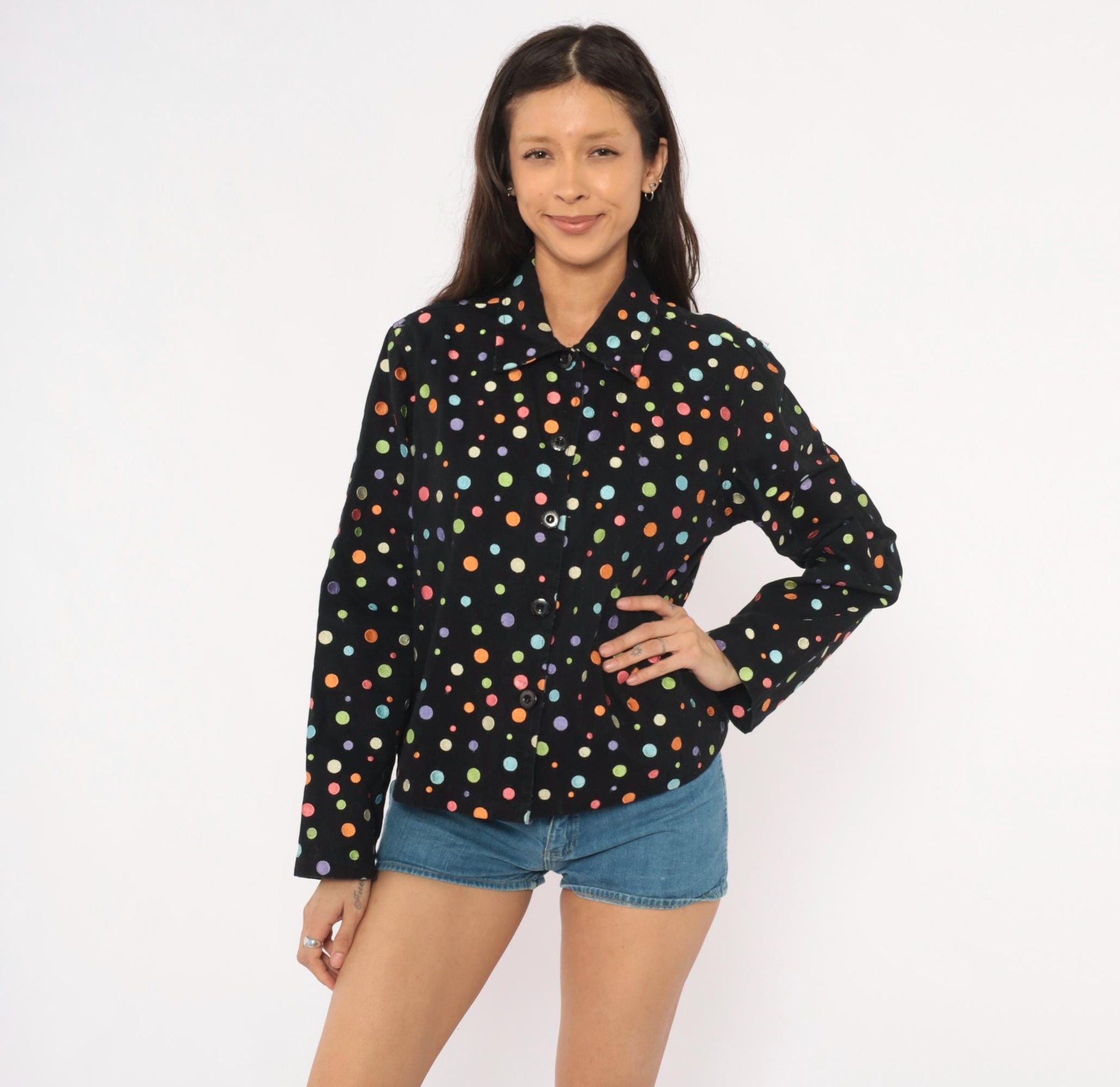 2000s Carrie Allen Polka Dot Cotton Jacket Black Multicolor Button Front Cropped Extra Large