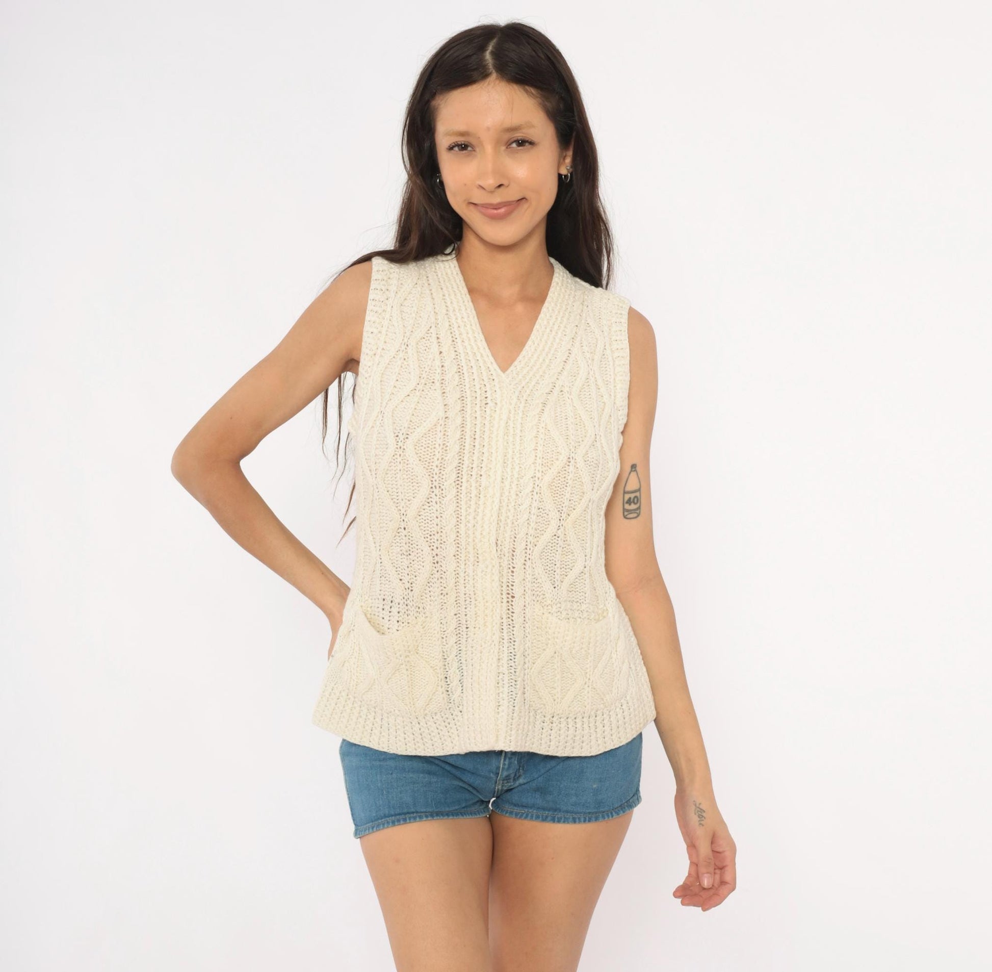 70s Cream Cable Knit Sweater Vest V Neck Pullover Preppy Small