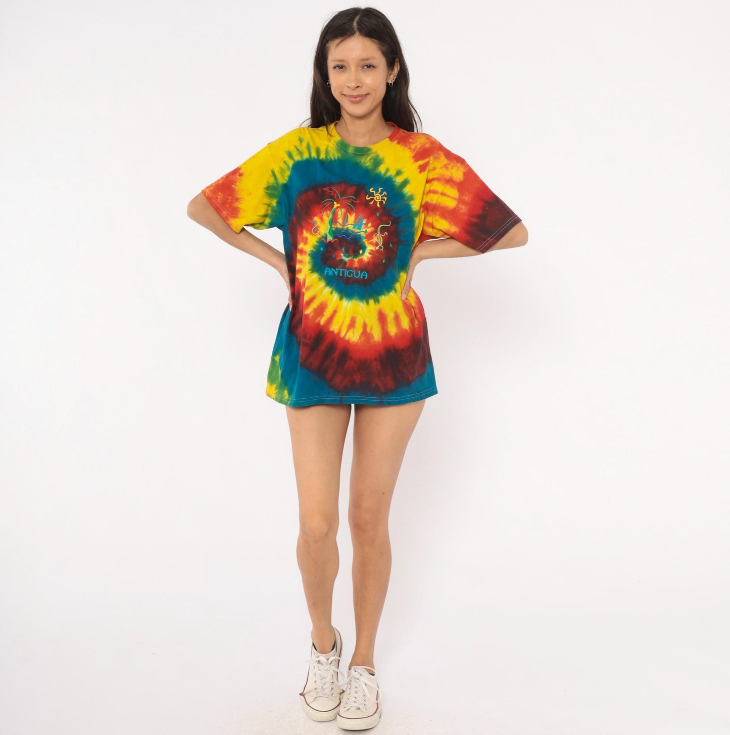 2000s Anvil Tie Dye Antigua Embroidered Tropical Tee Large L