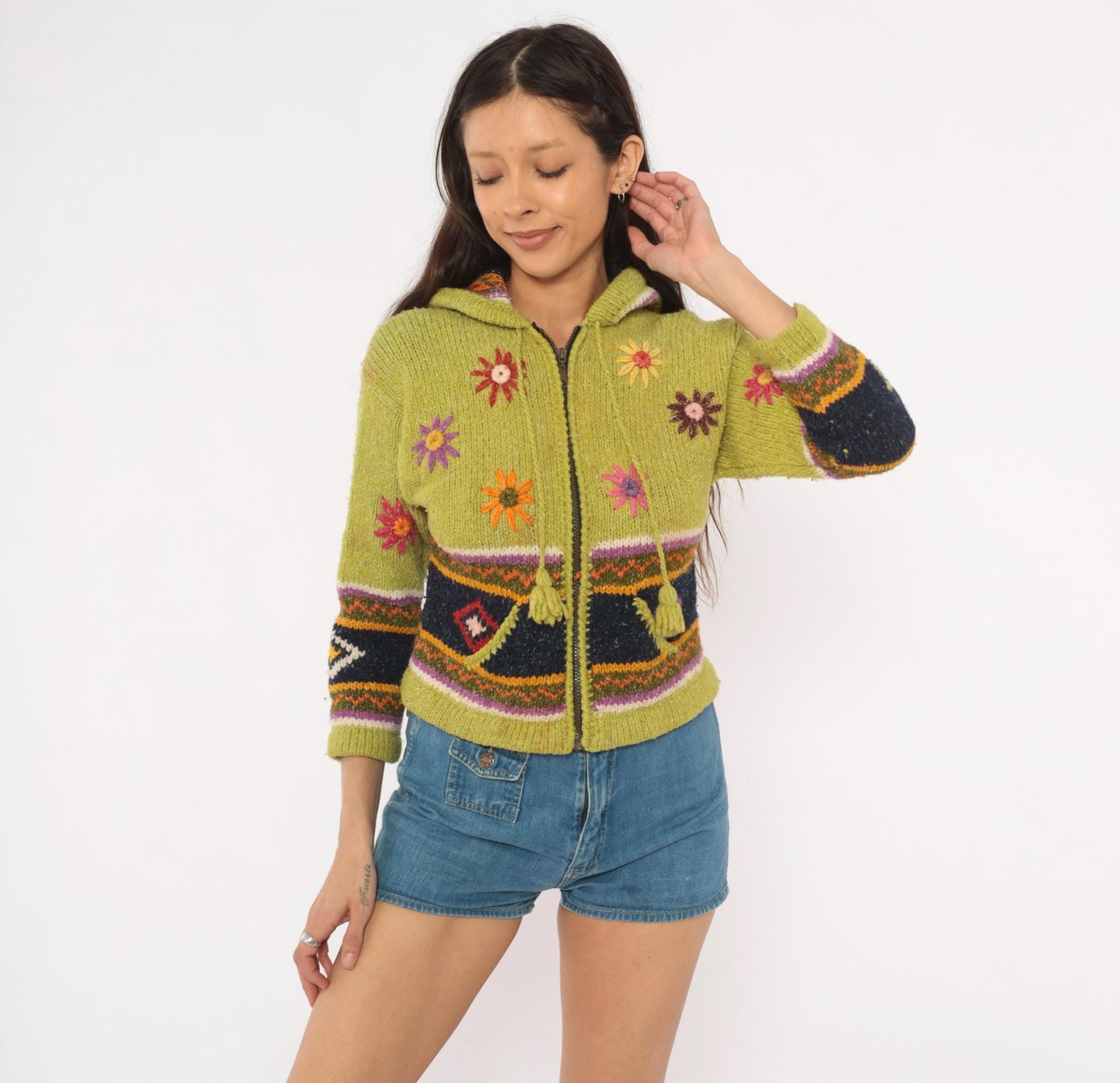 2000s Olive Wool Cropped Hooded Zip Sweater Embroidered Floral Knit XXS