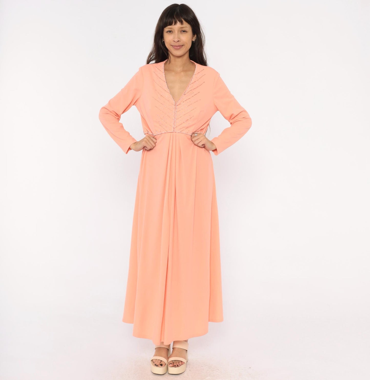 70s Peach Maxi Dress Empire Waist V Neck Beaded Chevron Rhinestone Extra Large