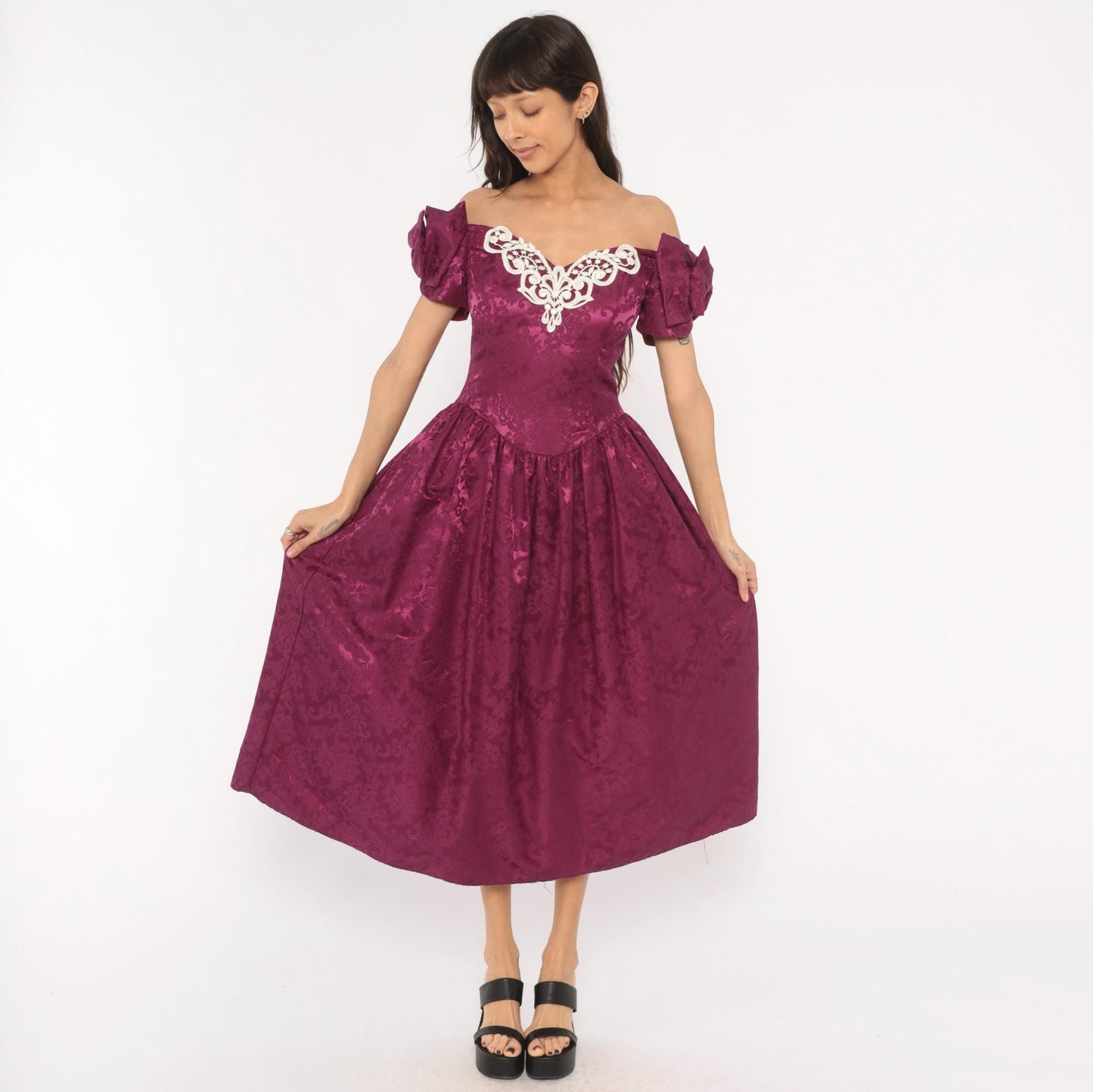 Jessica McClintock 80s Plum Brocade Puff Sleeve Gown Small