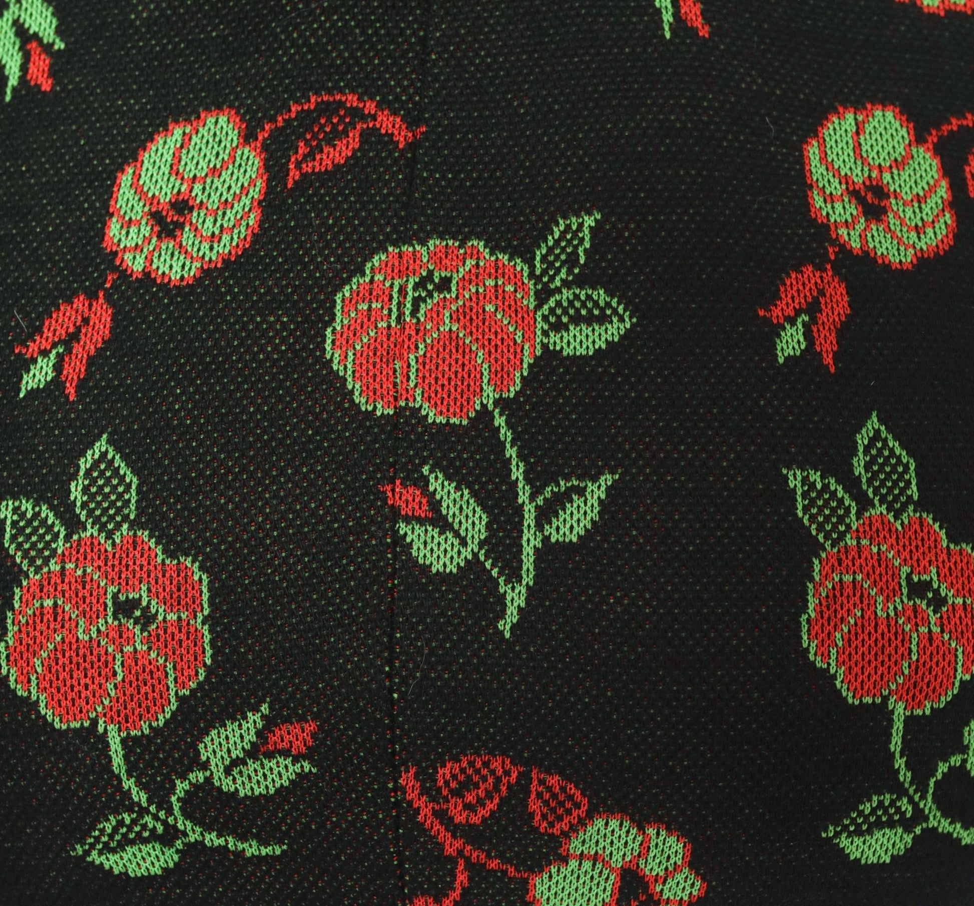 70s Black Hooded Midi Dress Red Rose Floral Print Long Sleeve Extra Small