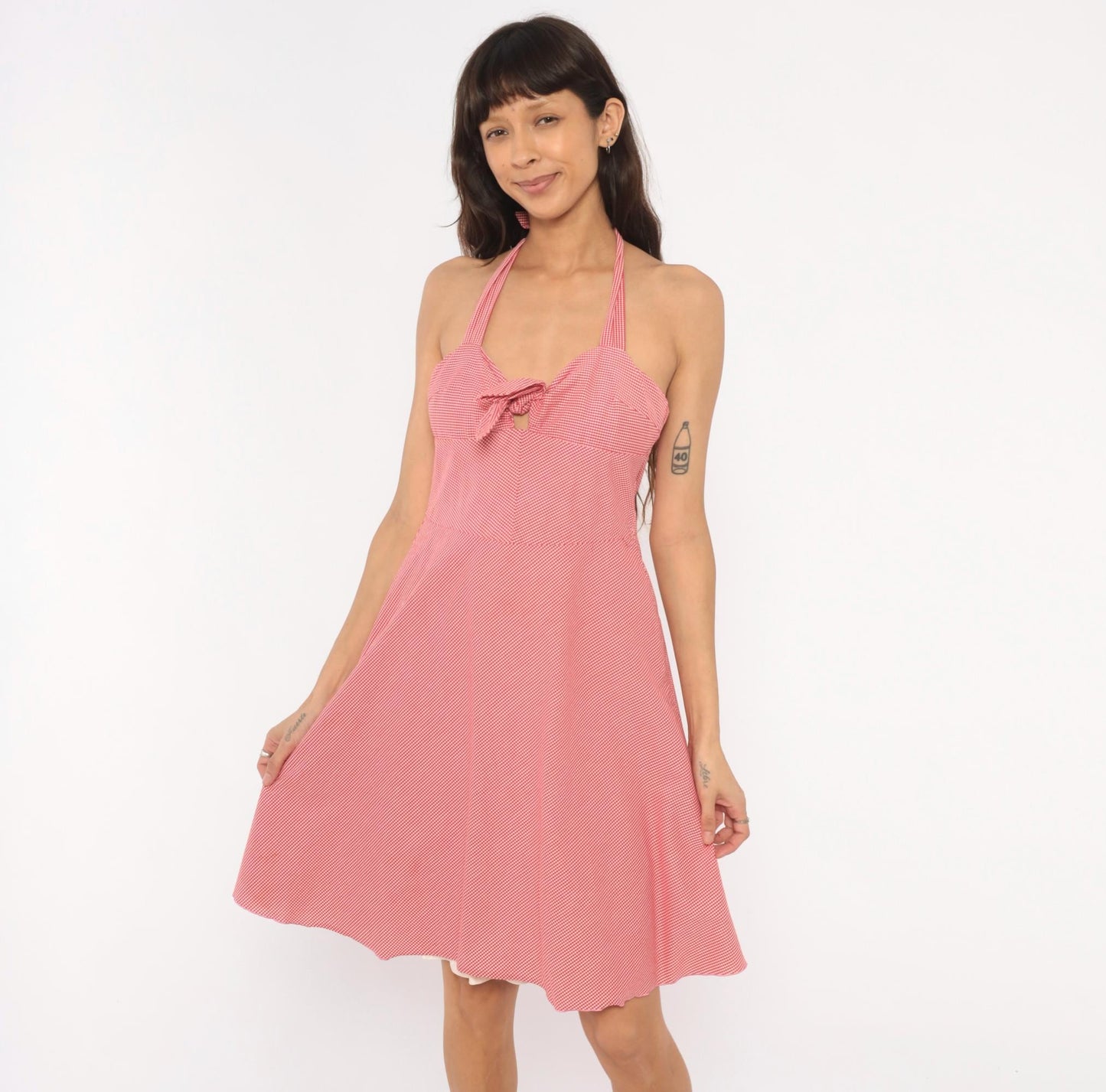 Trina Turk 2000s Gingham Halter Dress Red White Sweetheart Neckline Medium M