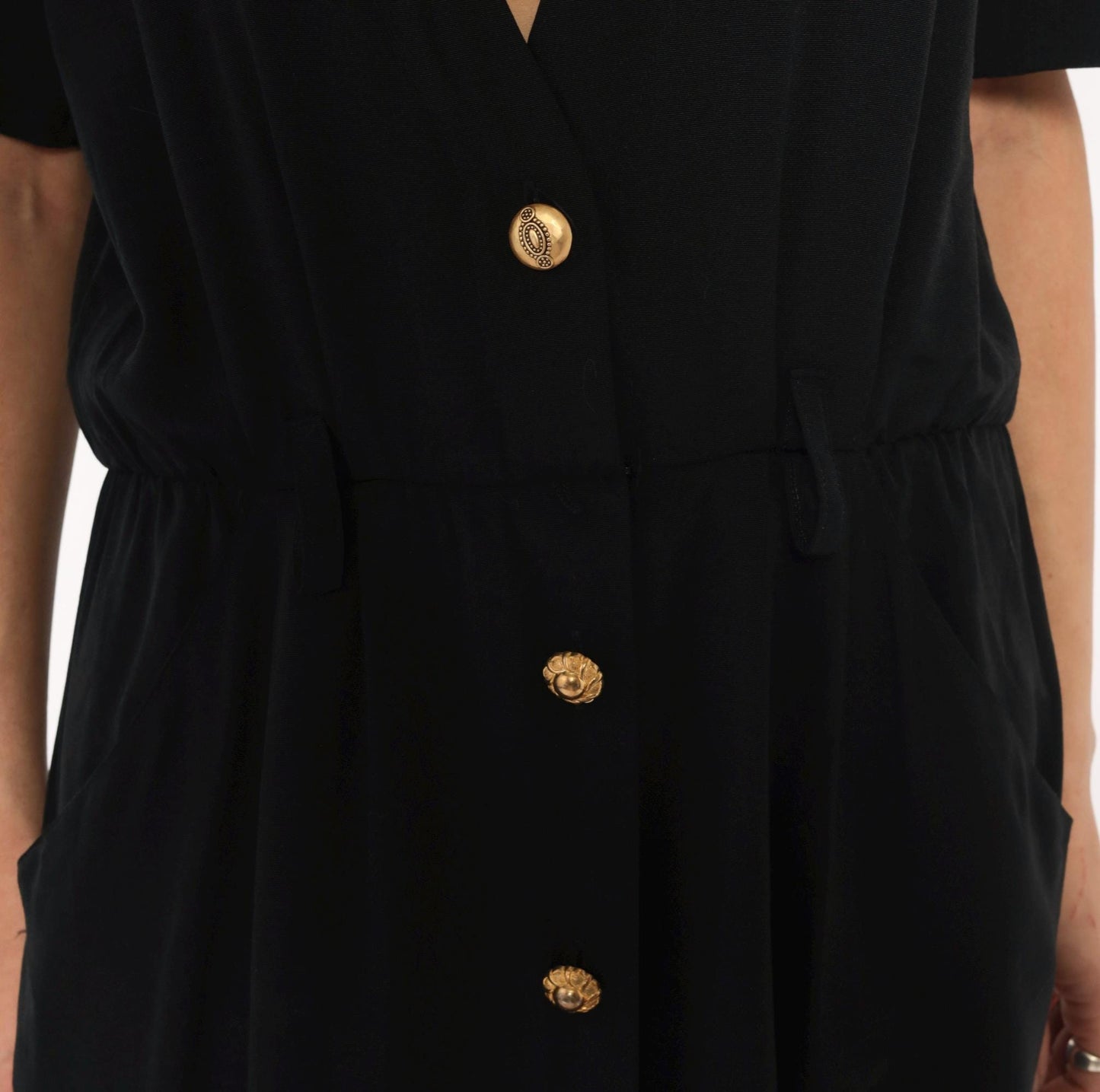 90s Periwinkle Black Midi Dress Gold Button V Neck Short Sleeve Large L