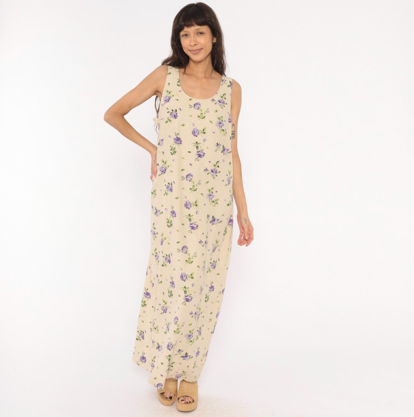 90s Liz Baker Floral Linen Maxi Dress Purple Rose Cream Tank Sleeveless Extra Large XXL