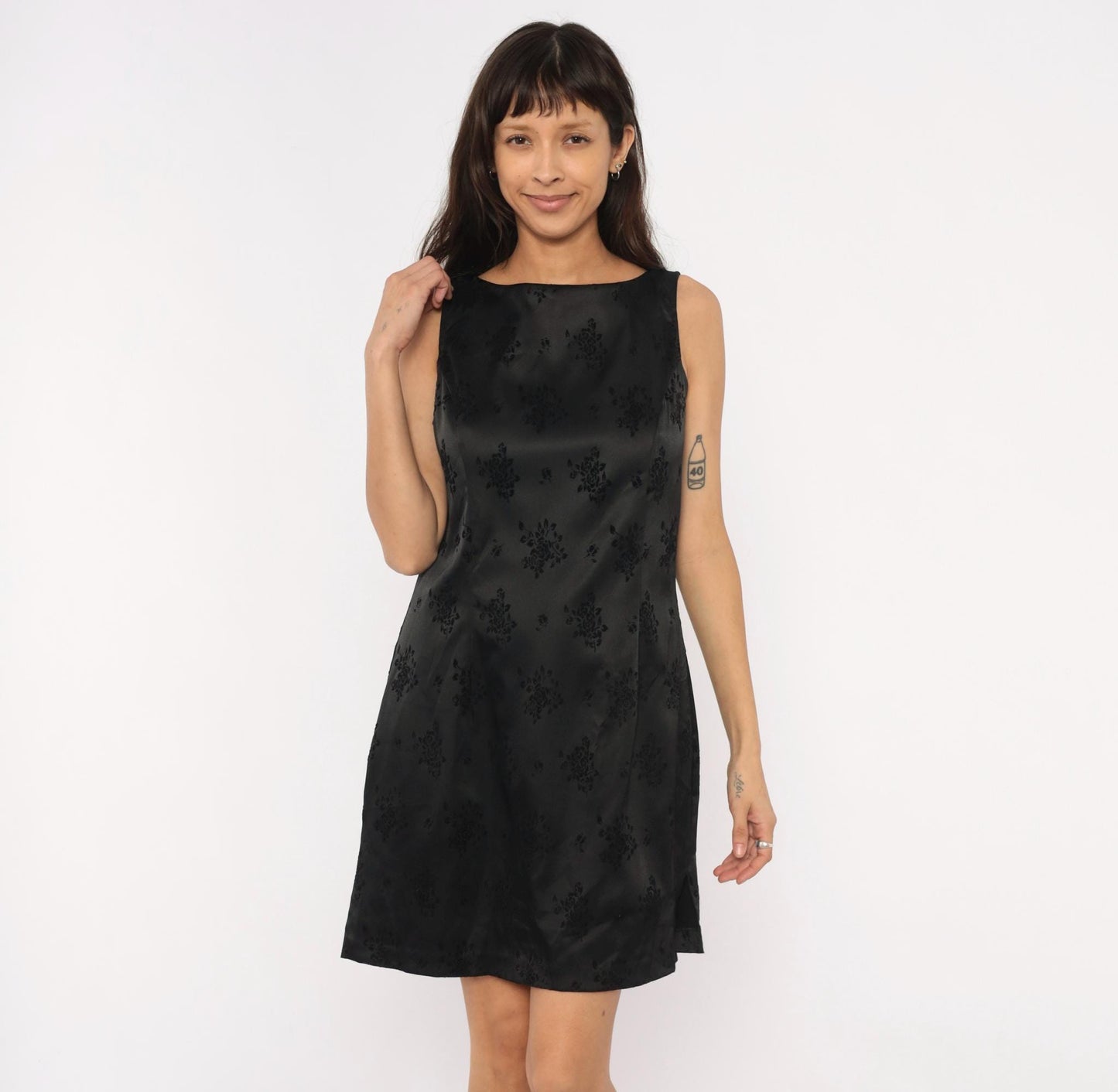 90s City Triangles Black Damask Floral Jacquard Mini Dress Boat Neck Large L