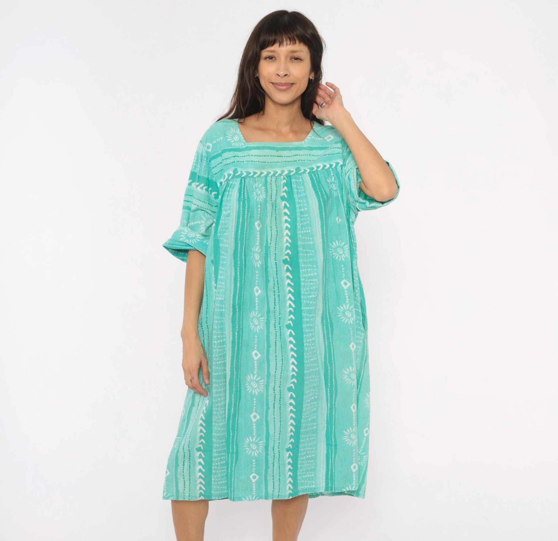 80s Styled By Saybury Teal Block Print Cotton Muumuu Midi Dress Plus Size 1X