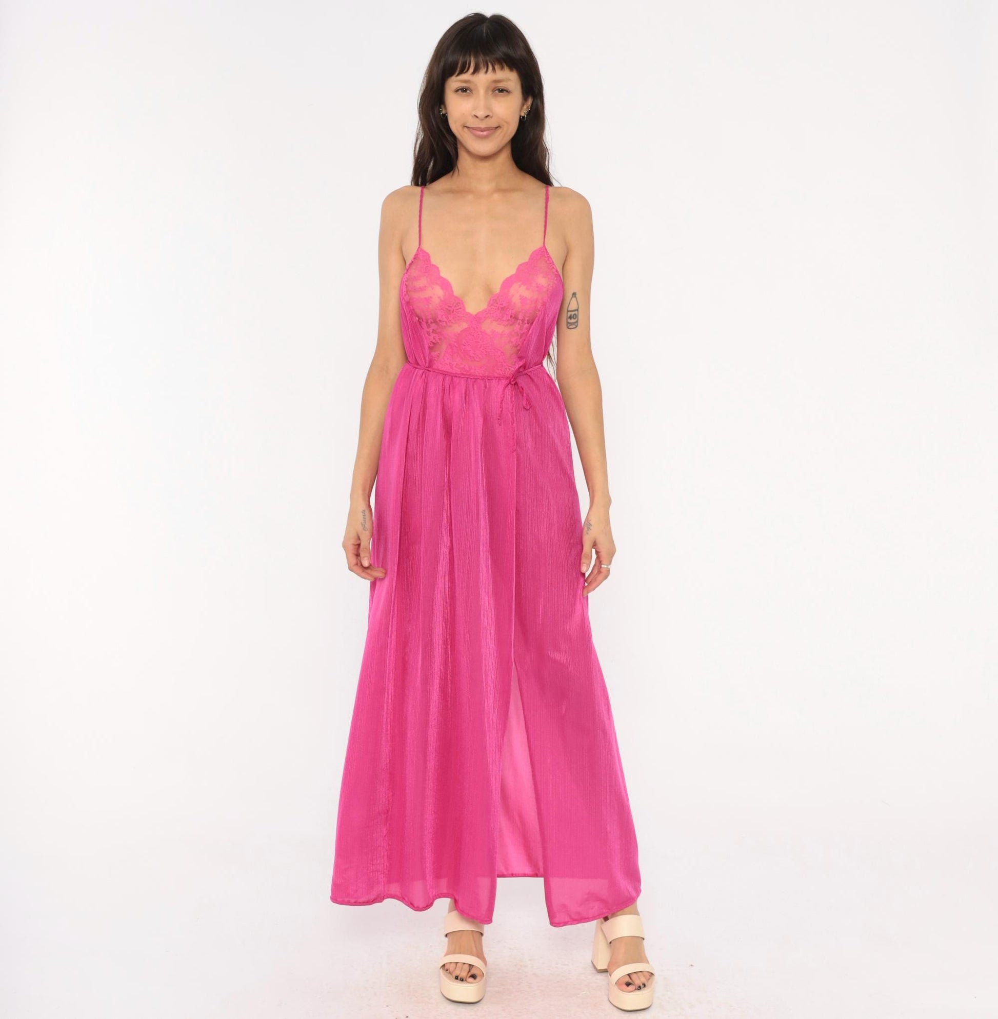 70s Pollinaise Hot Pink Lace Maxi Nightgown Spaghetti Strap Empire Waist Large L