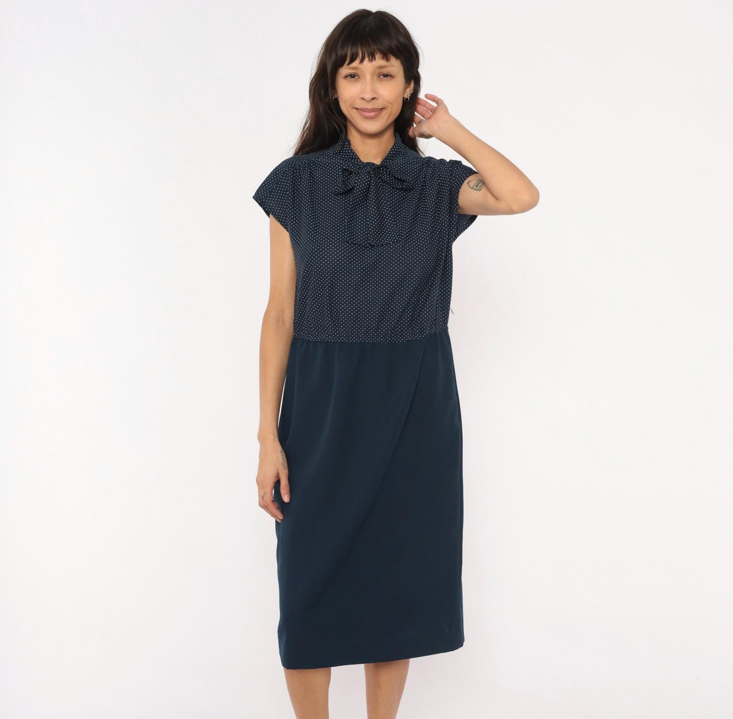 70s Navy White Polka Dot Bow Neck Dress Cap Sleeve Knee-Length Medium
