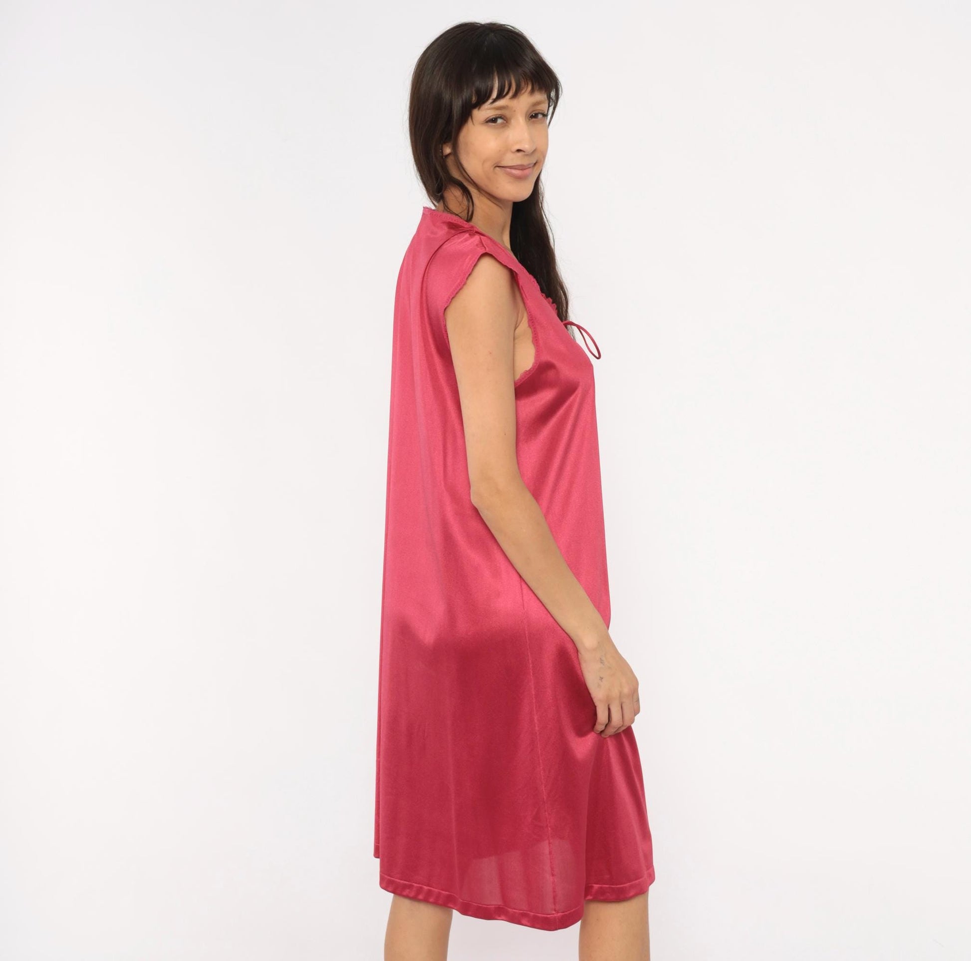 80s JCPenney Burgundy Nightgown Scalloped Yoke Cap Sleeve Knee-Length Medium