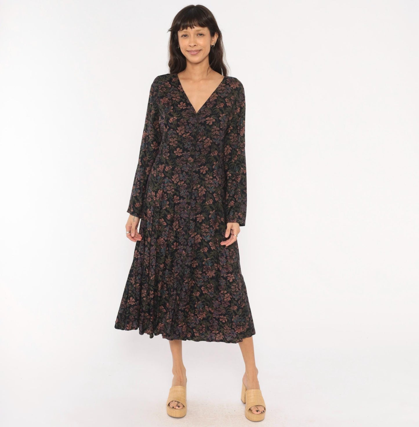 90s Dark Floral Midi Dress V-Neck Button Front Long Sleeve Black Large L